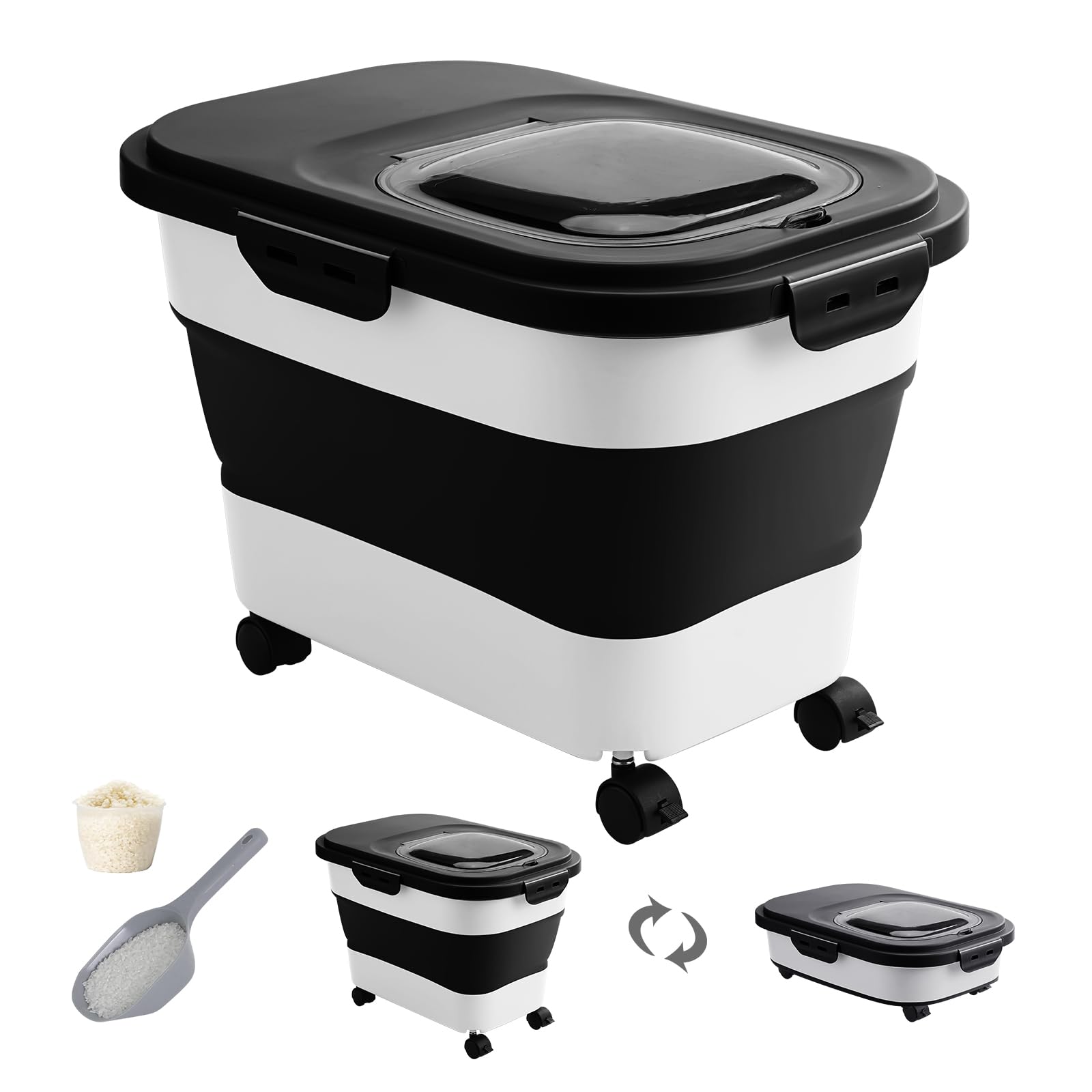 20-30 Lbs Collapsible Rice & Flour Storage Container with Airtight Locking Lid, Rolling Wheels & Measuring Cup - Perfect for Kitchen Pantry, Pet Food, Bulk Dry Food Storage & Meal Prep Organization