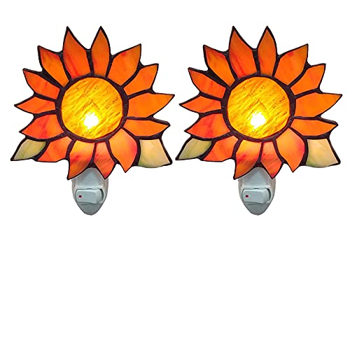 HUIMEIJU Tiffany Glass Sunflower Night Light - Plug-in Wall Nightlight with Warm Orange Glow (2 Pack) - Perfect for Bedroom, Nursery, Hallway & Bathroom Night Lighting