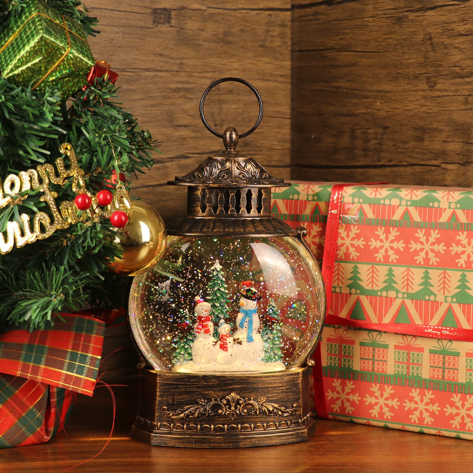 11.2 Inch USB/Battery Powered Rotating Snow Globe Lantern with Timer - Christmas Snowman Decor with Water Glitter & Music - Perfect for Holiday Home Decor, Gift Giving & Winter Tabletop Displays