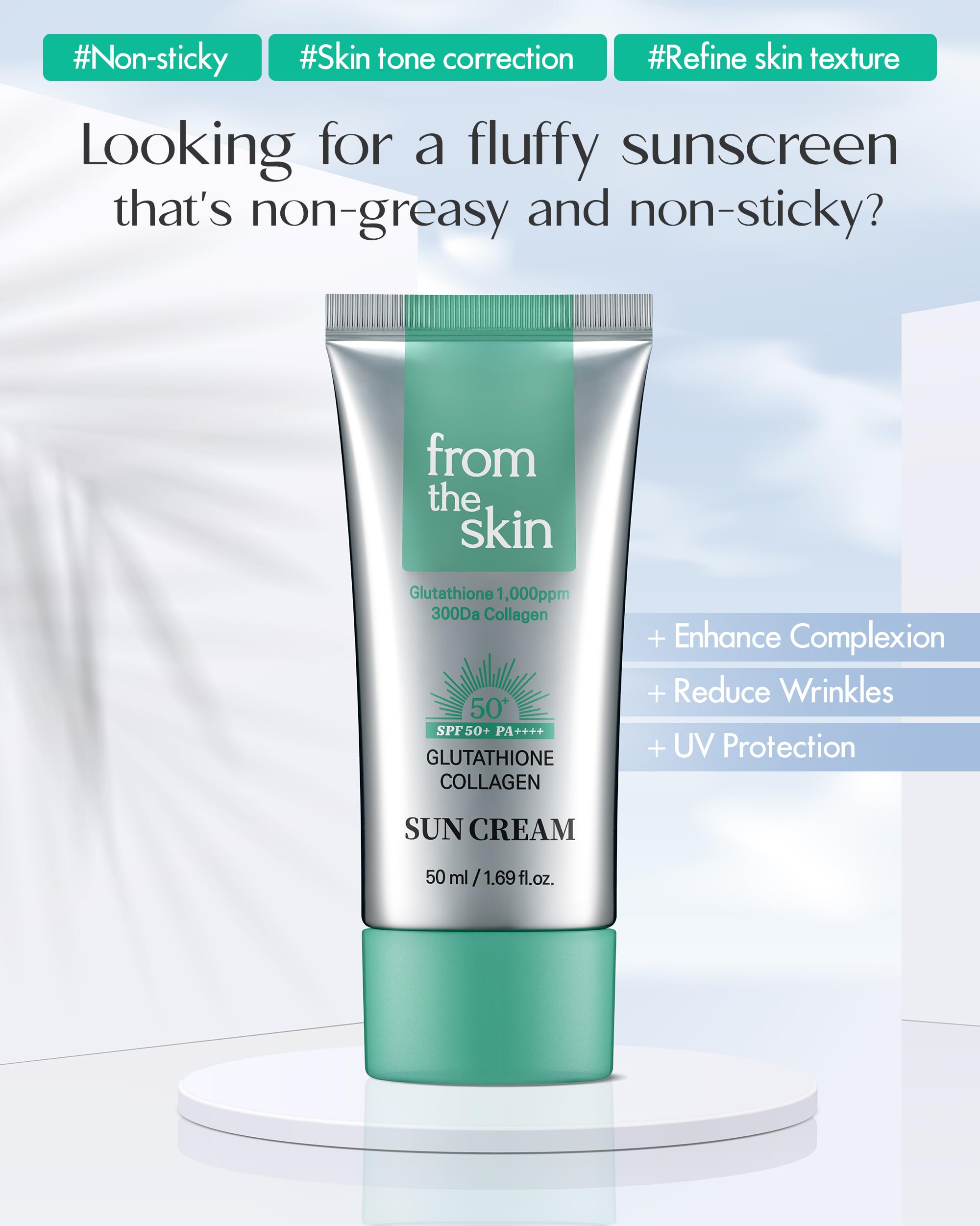 Glutathione Collagen Sun Cream SPF 50+ PA++++ - Hydrating Hypoallergenic Sunscreen Moisturizer for Radiant Skin & Wrinkle Care - Non-Greasy Silky Finish 1.69oz - Perfect for Daily Sun Protection & Anti-Aging Skincare Routine