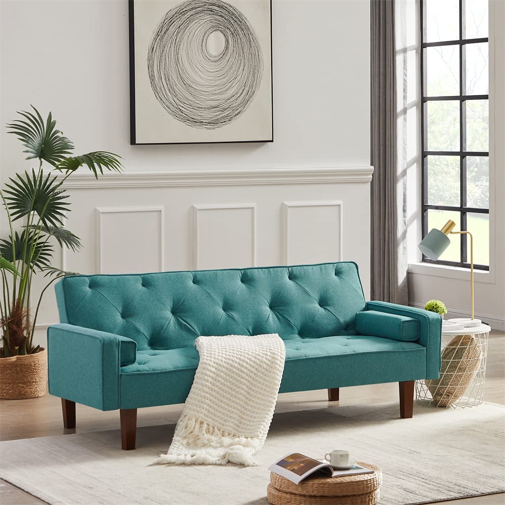 Convertible Futon Sofa Bed with 2 Pillows - Modern Tufted Velvet Upholstered Sleeper Sofa with Removable Wood Legs & Adjustable Backrest - Folding Loveseat Recliner for Small Spaces, Living Room, Bedroom or Guest Room - Green Velvet Sofa Bed for Relaxing & Sleeping
