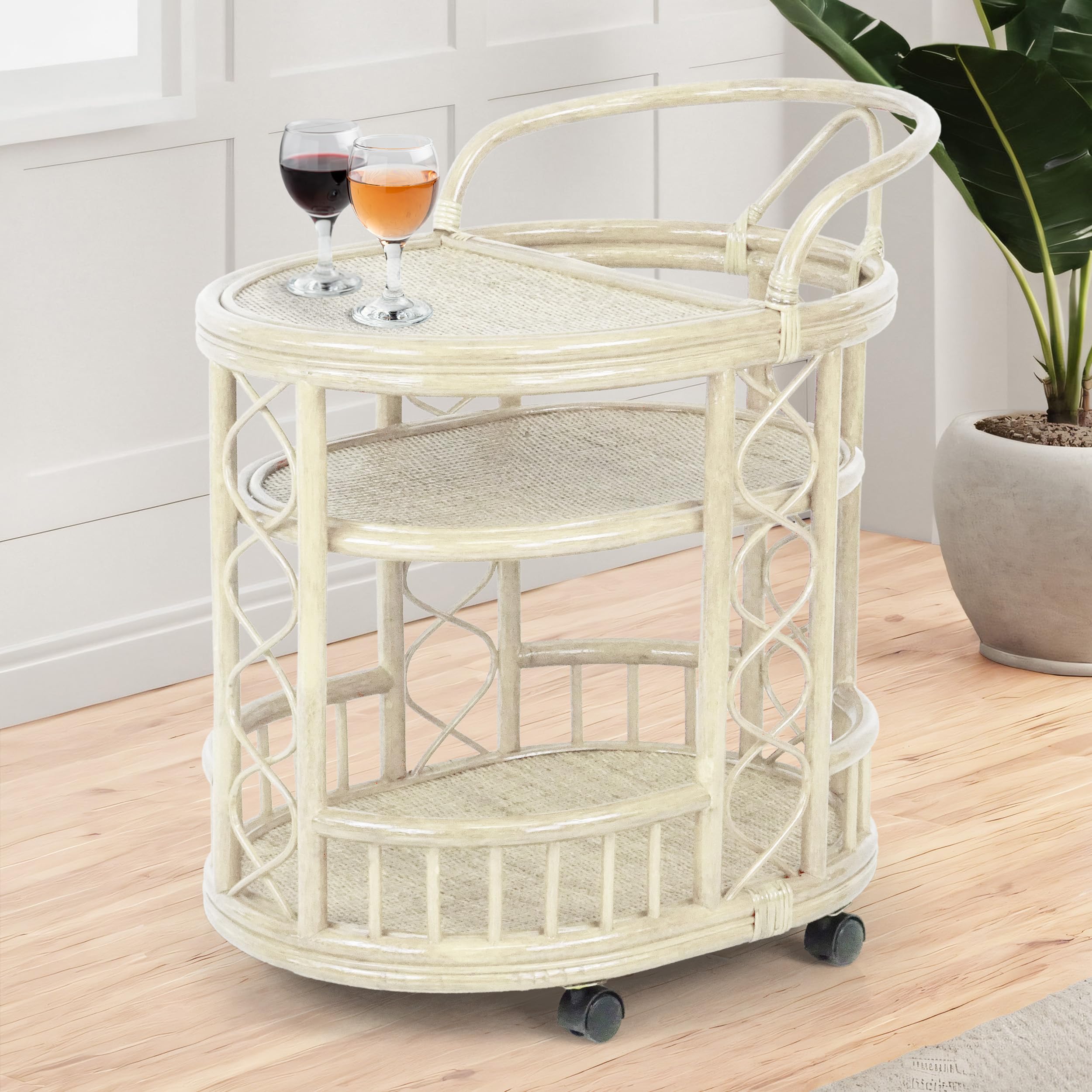 Handmade Woven Rattan Serving Cart with Wheels - Natural Wicker Fully Assembled in White Wash Finish | Perfect for Outdoor Patio, Garden Parties & Indoor Kitchen Use