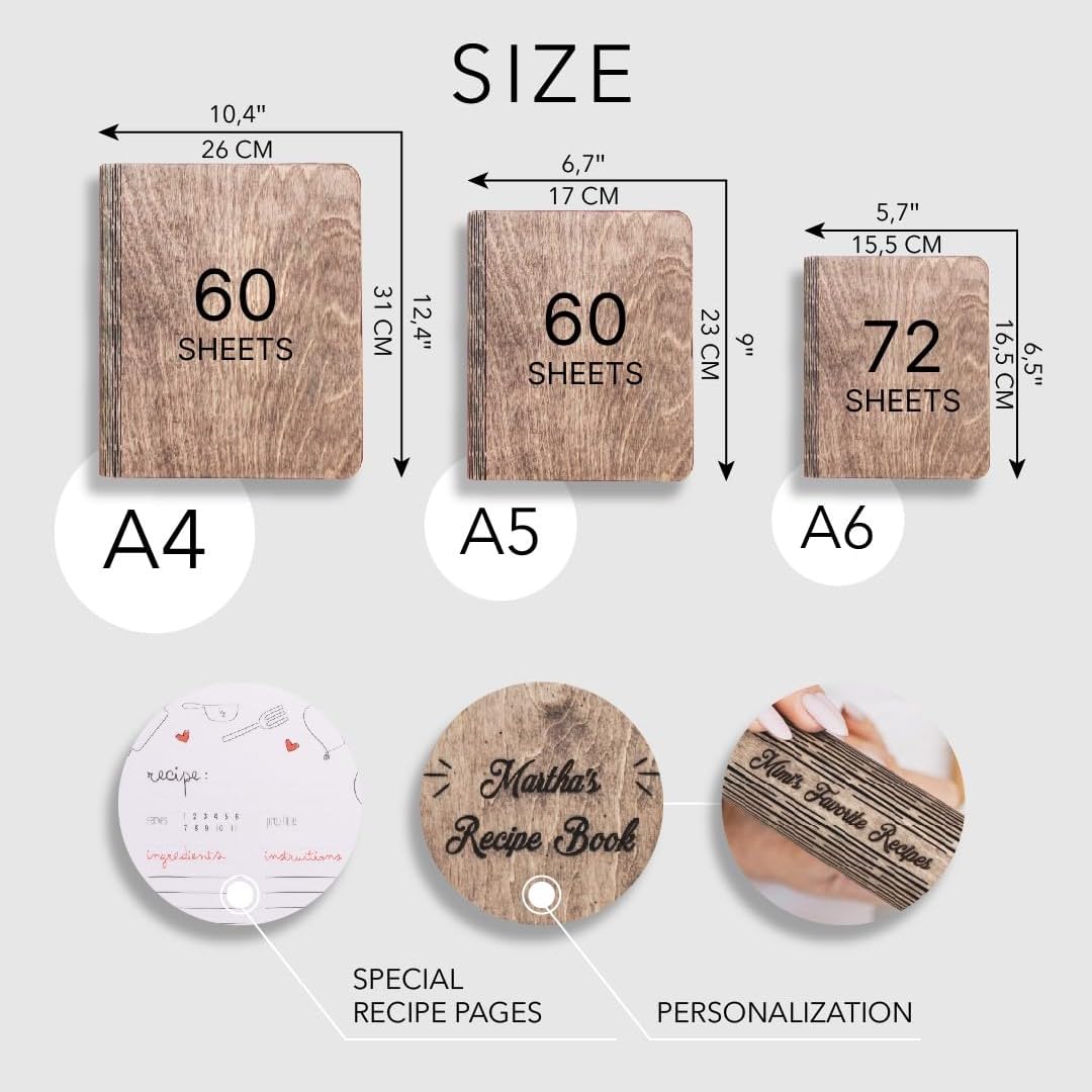 ENJOY THE WOOD Personalized Wooden Recipe Book Binder - Custom Family Cookbook Journal & Sketchbook Organizer - Large A4 Size for Home Kitchen, Gift Giving & Recipe Collection