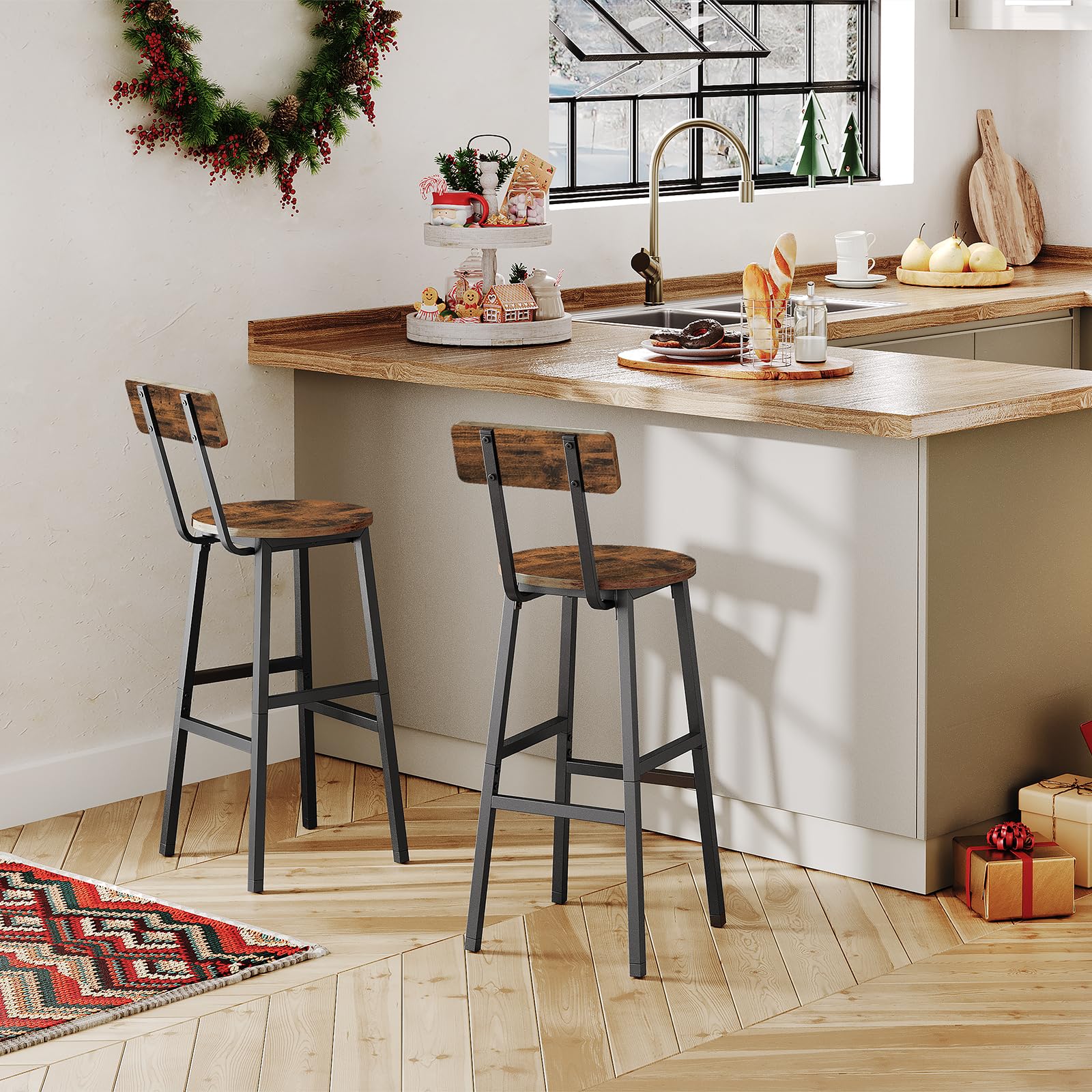 Set of 2 Rustic Brown Bar Stools with Back & Footrest - 24.4 Inch Round Counter Height Stools for Kitchen, Dining Room, Bar - Perfect for Breakfast Nooks, Home Bars & Kitchen Islands