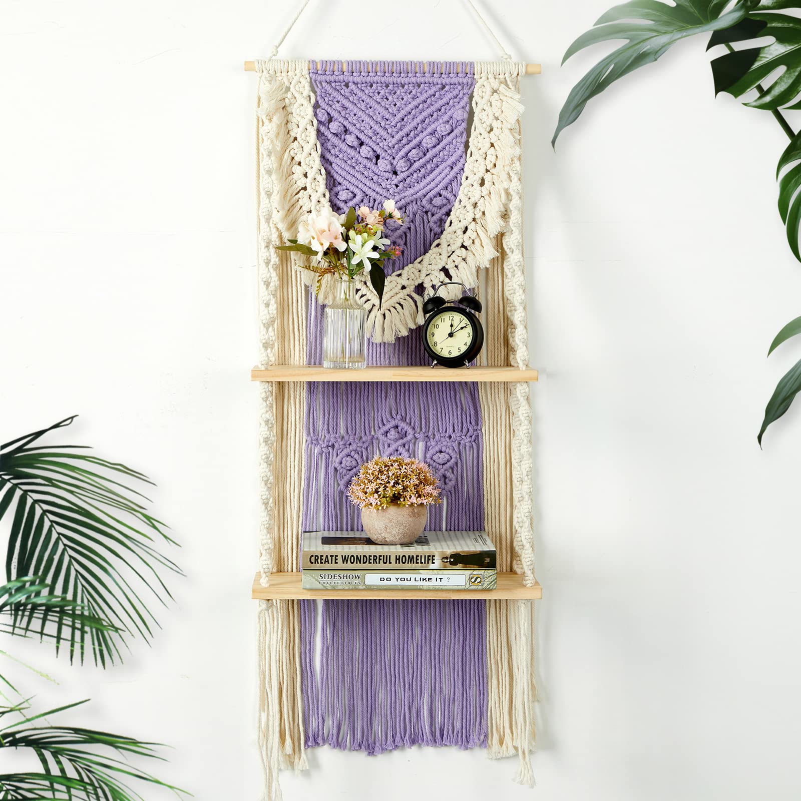 Boho Macrame Shelf 2-Tier Wall Hanging Shelf - Handmade Woven Floating Shelves for Home Decor, Indoor Plant Hanger, Storage & Organization (Purple) - Perfect for Living Room, Bedroom, Bathroom & Boho Style Decor