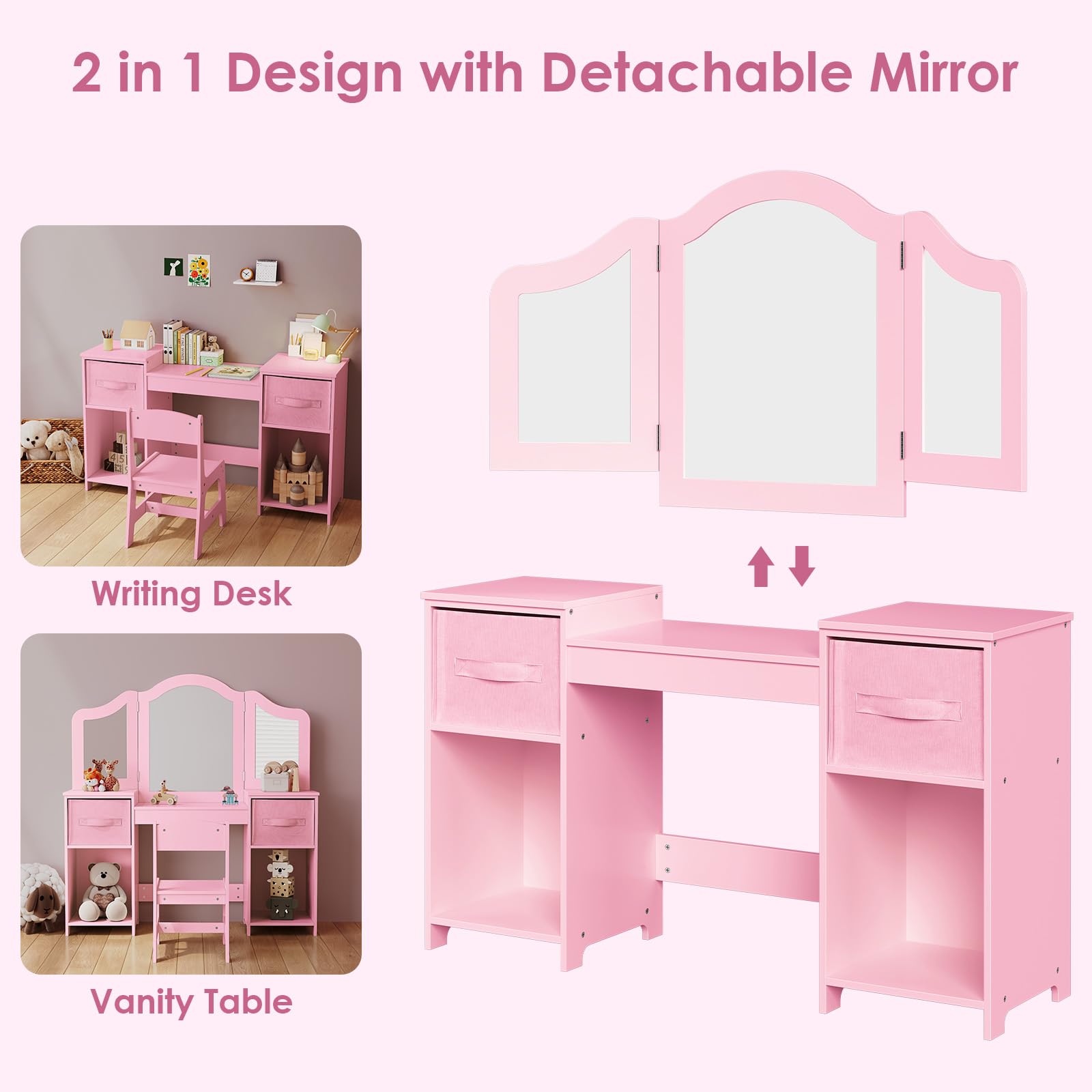 Arlopu Pink Wooden Kids Vanity Set with Tri-Folding Mirror & Stool - Princess Dressing Table for Toddler Girls, Makeup Play Table with Canvas Drawer - Perfect for Birthday Gifts, Pretend Play & Bedroom Decor