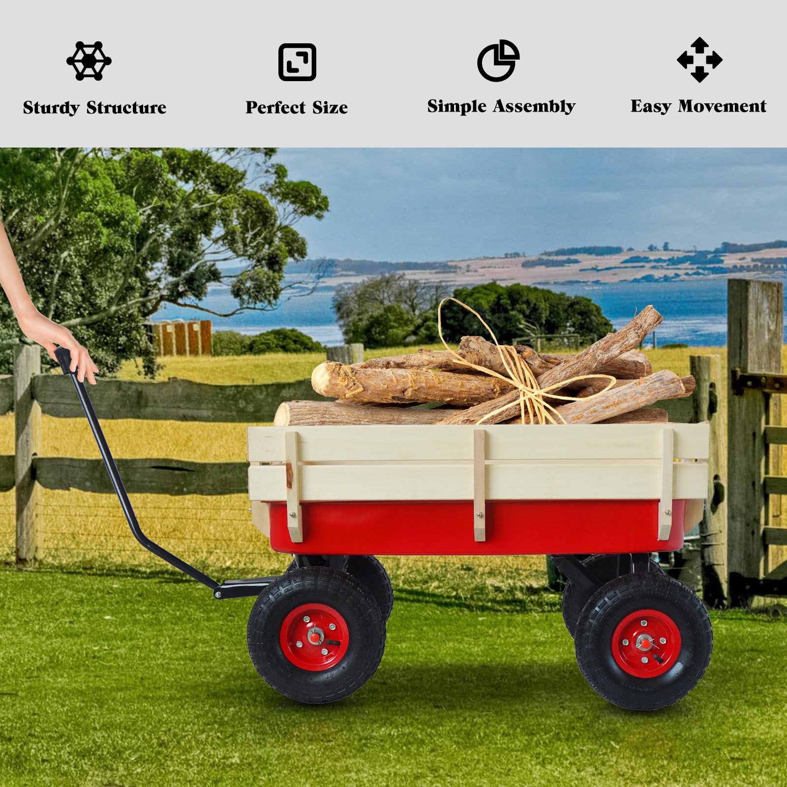 Heavy Duty Steel Outdoor Wagon Cart for Kids with Removable Wooden Side Panels & 10