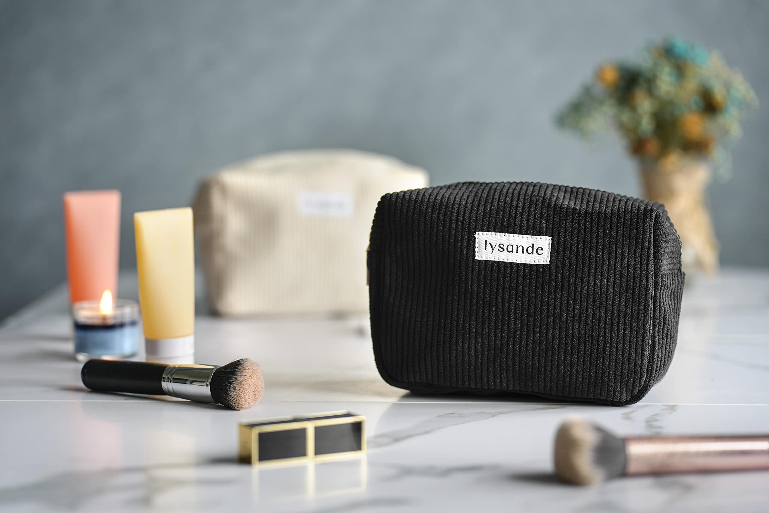 LYSANDE Corduroy Makeup Bag for Women - Small Travel Cosmetic Pouch & Purse Organizer - Multi-Use Pencil Case & Makeup Case (Cream) | Perfect for Travel, Daily Use & Gift Giving