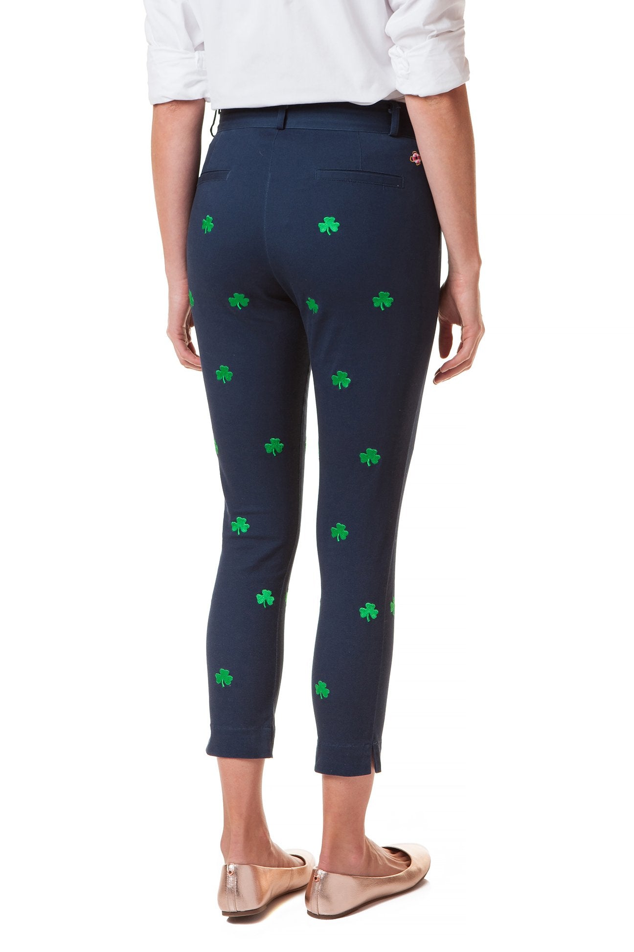 Stretchy Ankle Capri Pants in Nantucket Navy with Shamrock Print - Perfect for Casual Wear, Yoga, and Summer Outfits