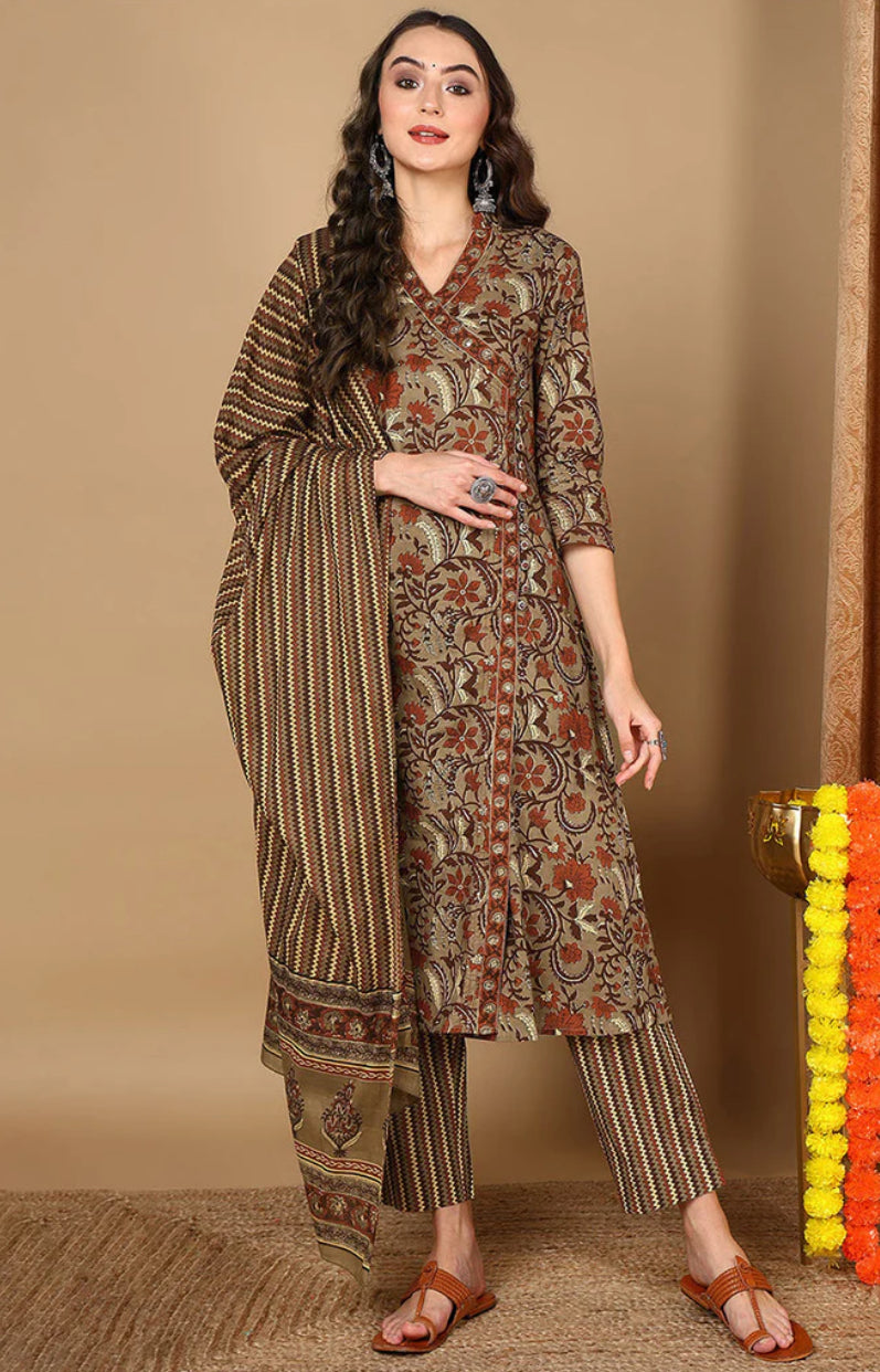Taupe Pure Cotton Floral Printed Angharkha Suit Set for Women | Traditional Indian Ethnic Wear | Perfect for Festivals, Weddings & Special Occasions