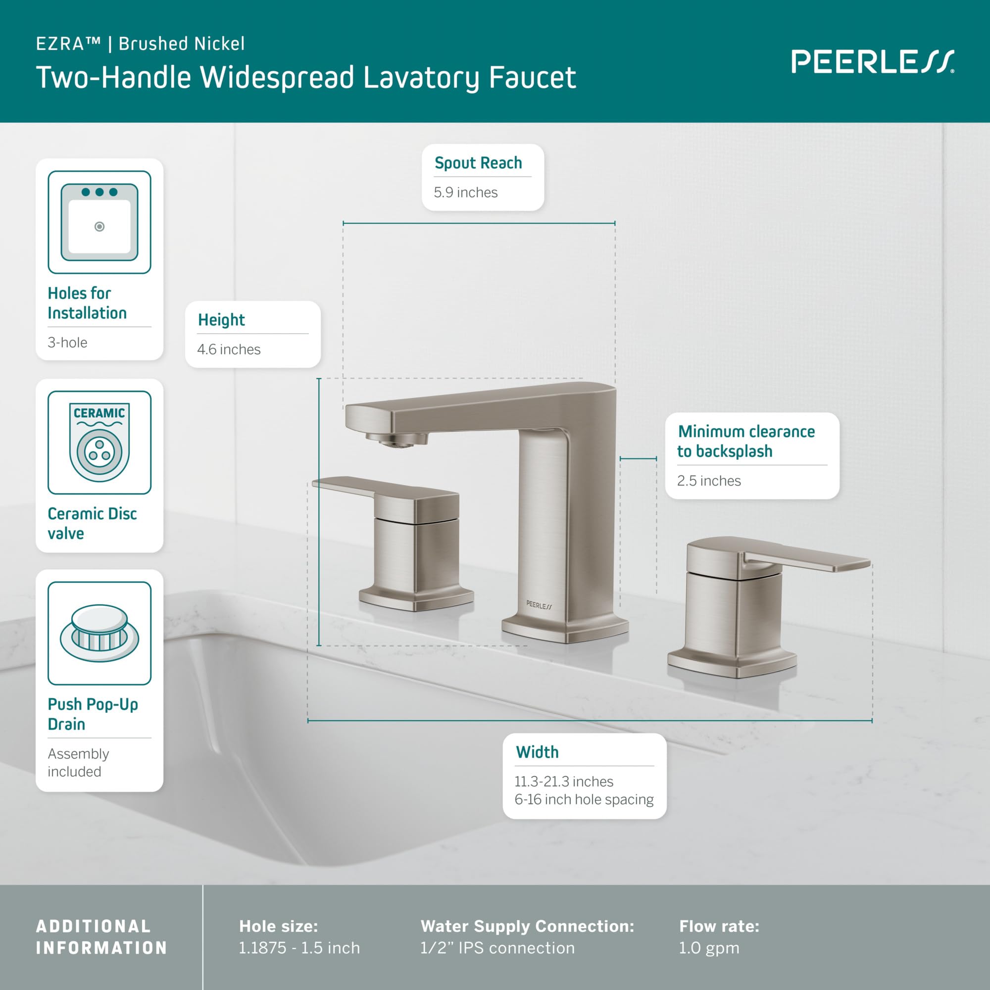 Peerless Ezra 3-Hole Widespread Bathroom Faucet with Push-Pop Drain - Brushed Nickel Finish - 2-Handle Bathroom Sink Faucet (Model P3571LF-BN) - Perfect for Modern Bathrooms, Guest Baths & Powder Rooms