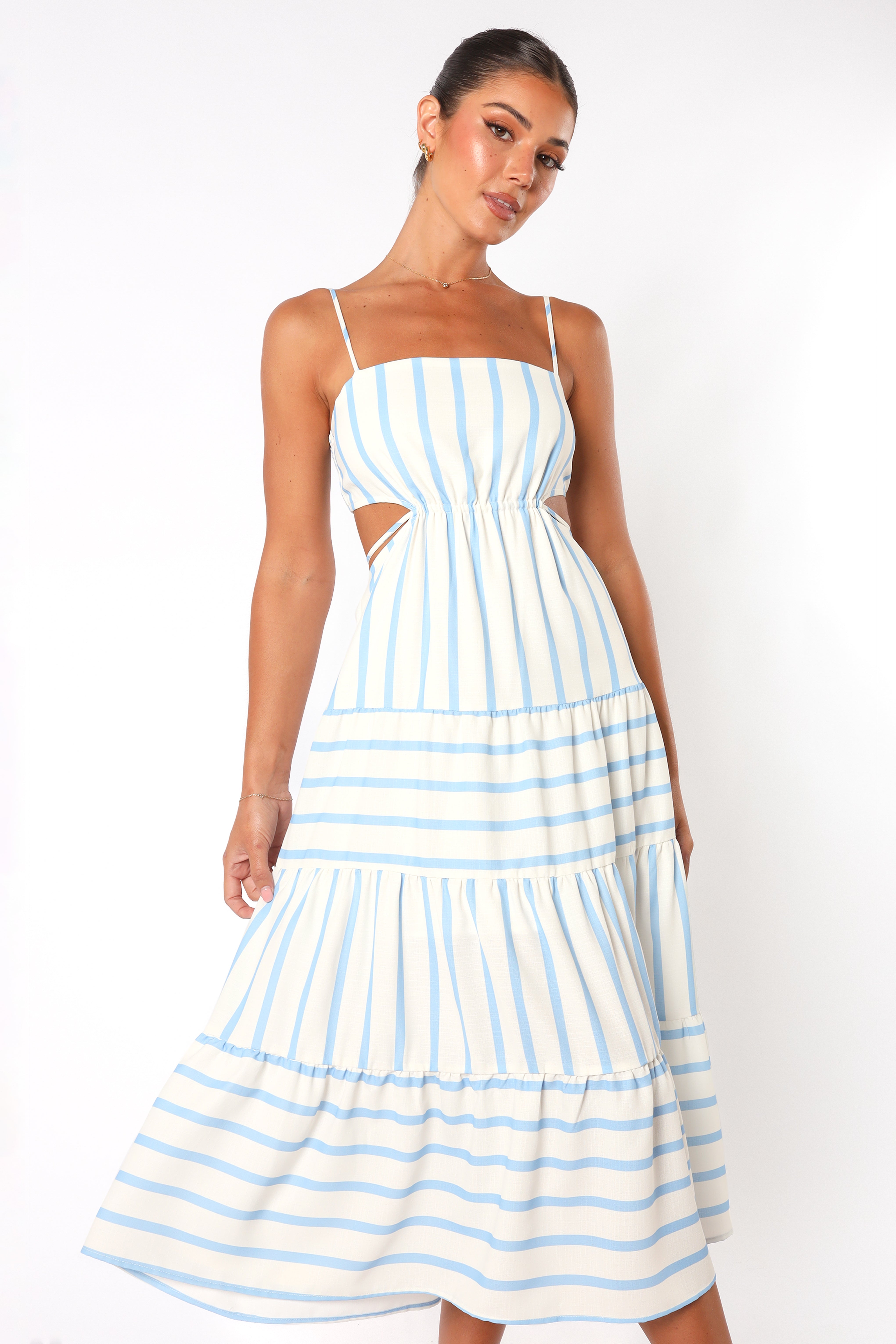 Evelin Women's Midi Dress - Blue Striped Floral Summer Casual Dress for Beach, Party & Everyday Wear
