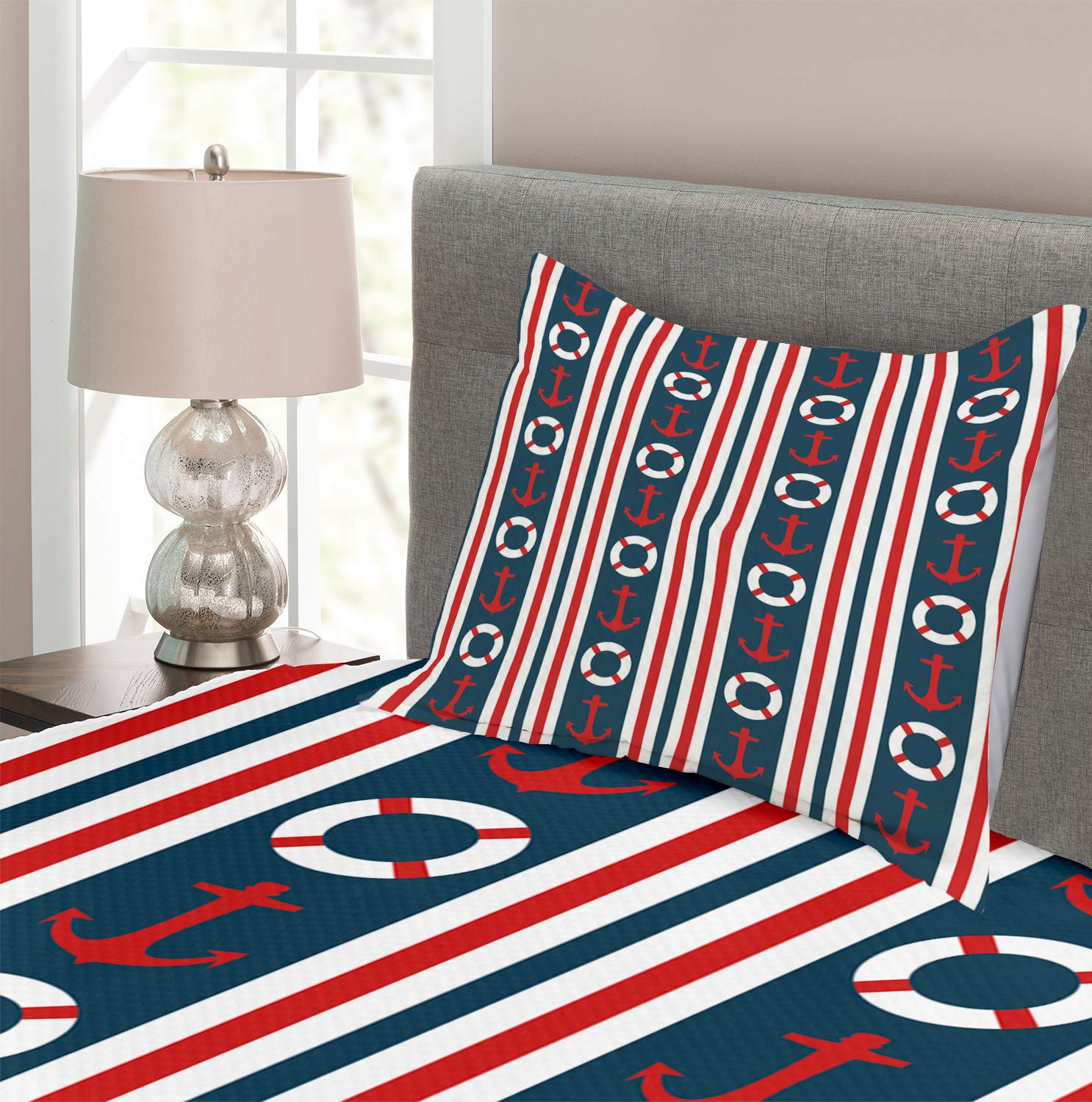 Ambesonne Nautical Twin Size Bedspread Set - 3 Piece Maritime Themed Bedding with Anchor & Steering Wheel Stripes in Indigo Red White | Perfect for Coastal Bedrooms, Beach House Decor & Sailor Theme Rooms