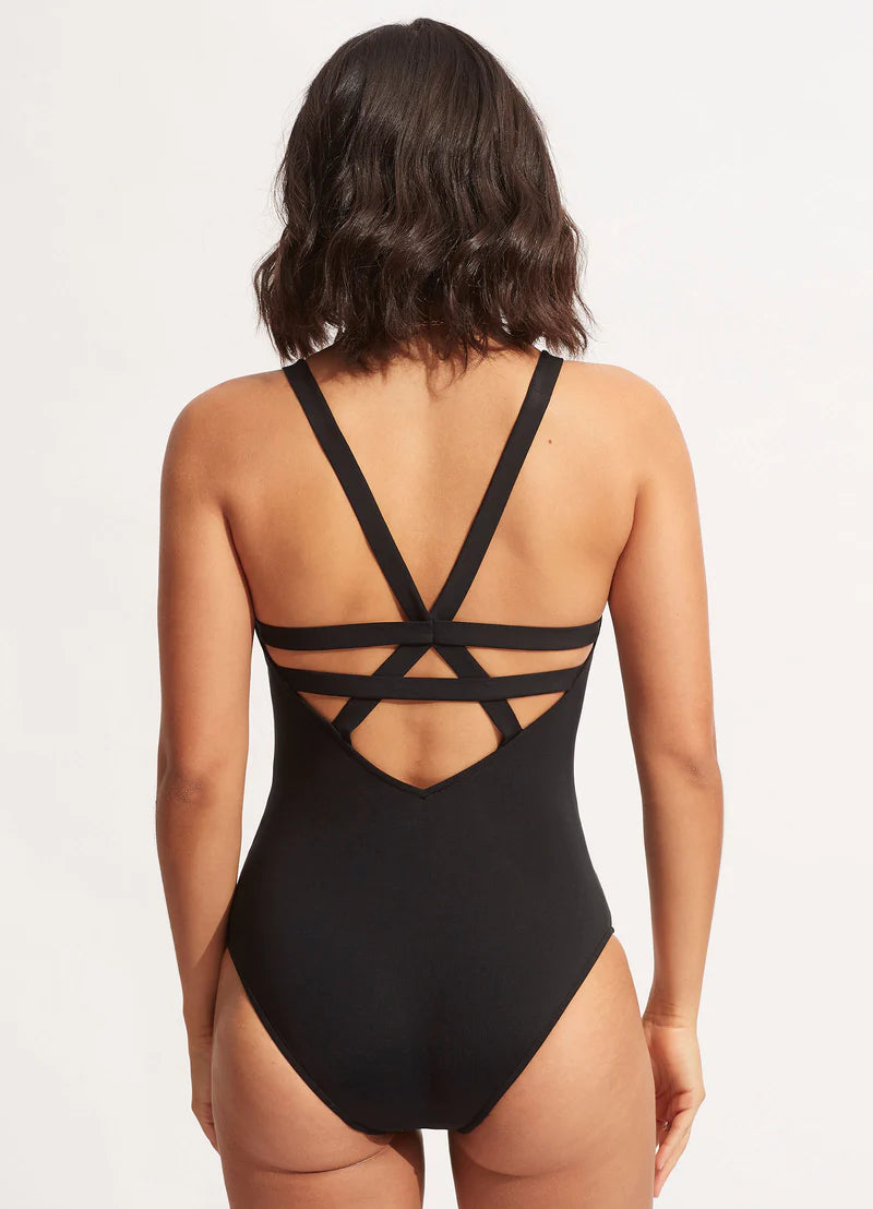 Seafolly Active Deep V Maillot Swimsuit for Women - Black One Piece Bathing Suit | Perfect for Swimming, Beach Vacations & Poolside Relaxation