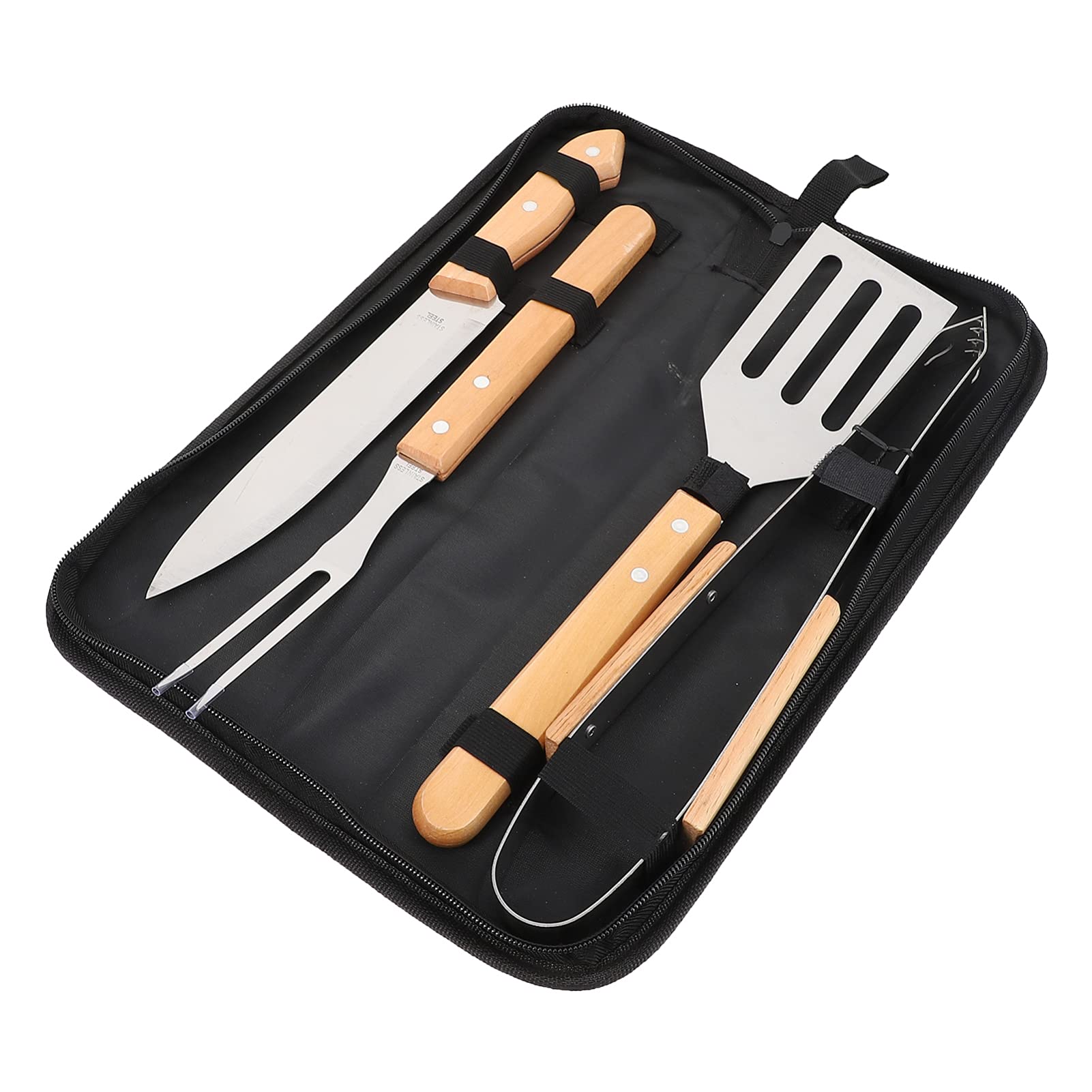 FRCOLOR 4-Piece Stainless Steel BBQ Grill Tools Set - Heat-Resistant Tongs, Meat Fork, Cutter Knife & Spatula for Indoor/Outdoor Grilling, Backyard BBQ, Camping & Picnics | Durable Kitchen Utensils for Perfect Grilling Experience