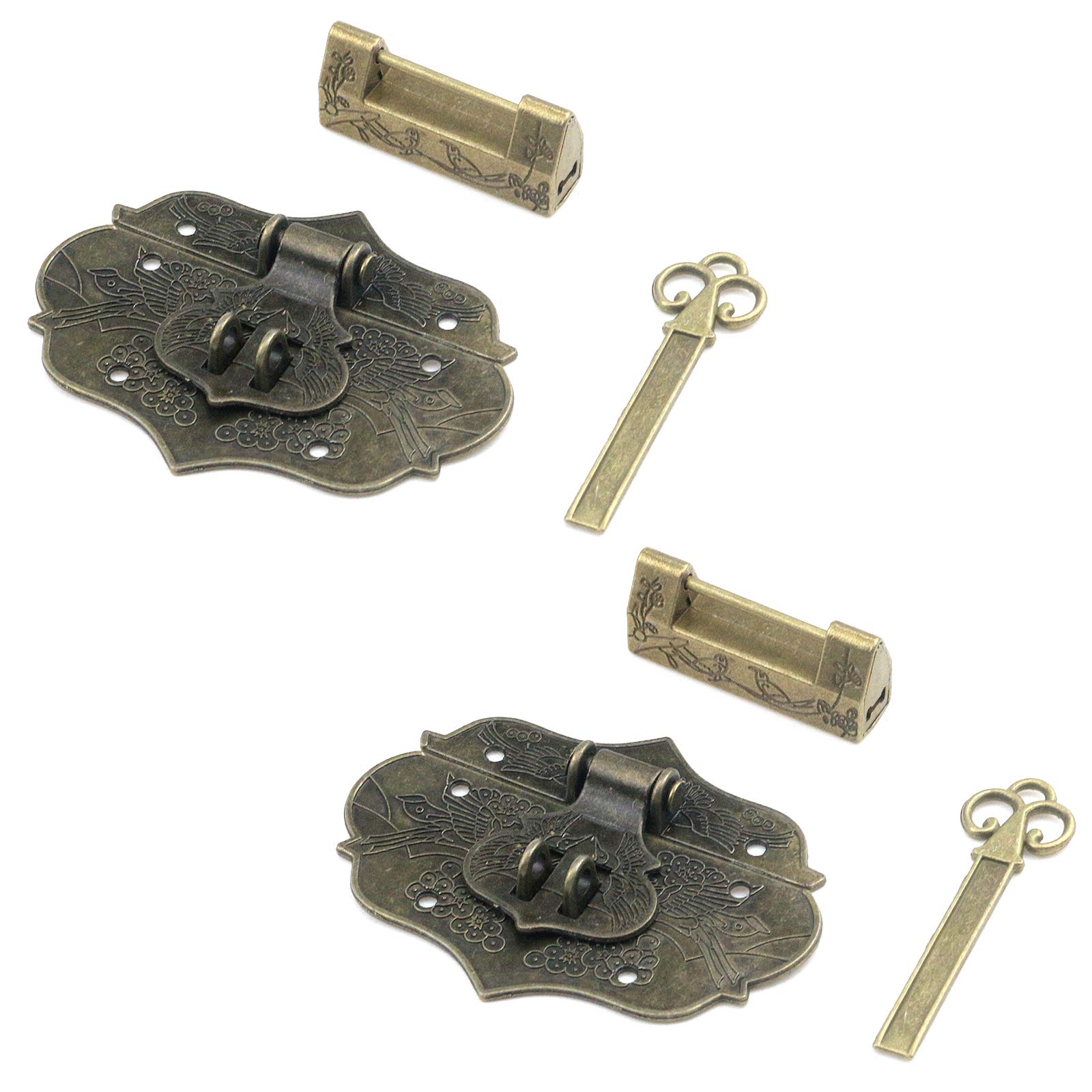 Vintage Box Hasp Lock Set of 2 with Key and Screws - Decorative Toggle Latch for Cabinet, Toolbox, Jewelry Box, Chest & Padlock - Perfect for Antique Furniture, Storage Security and DIY Projects