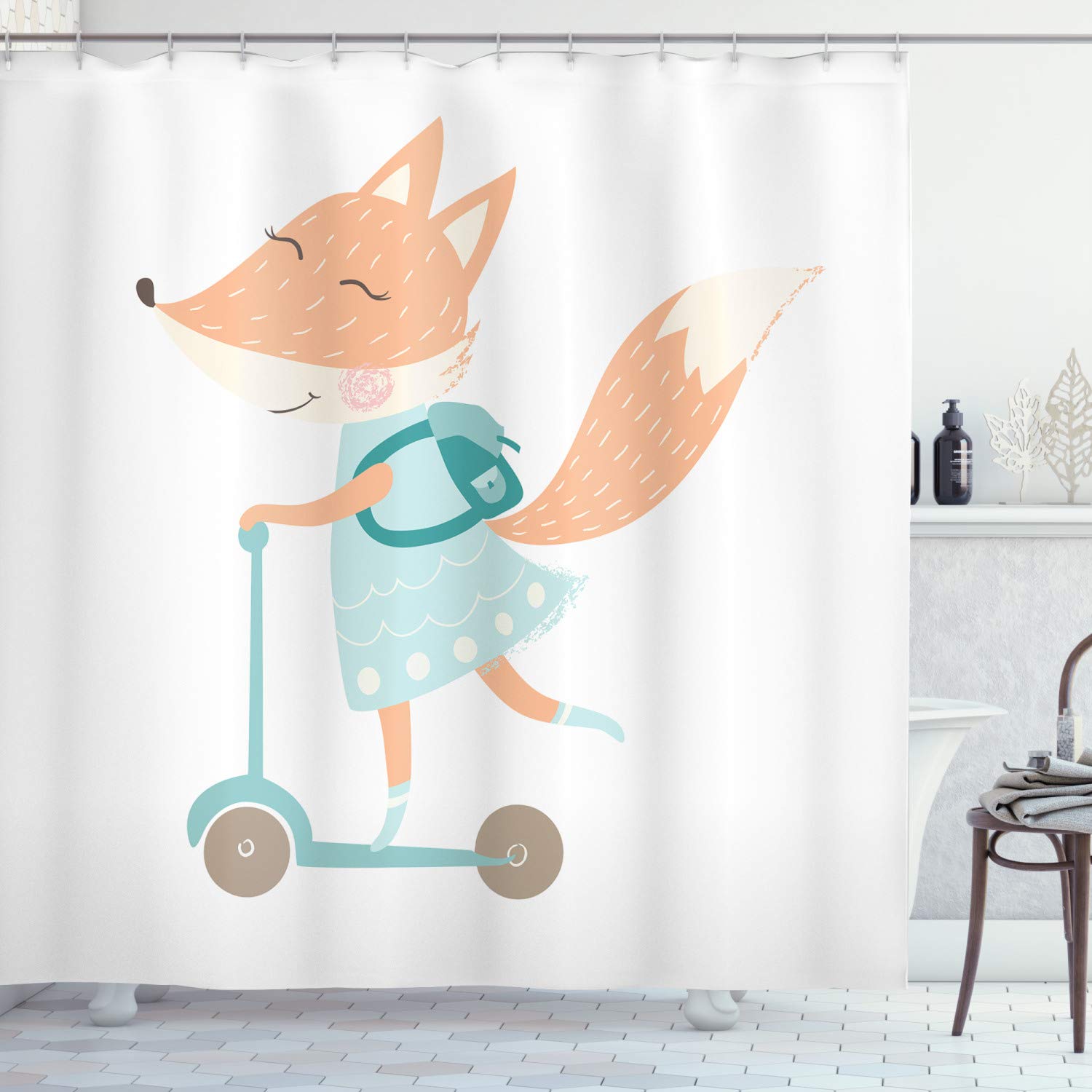 Ambesonne Fox Shower Curtain - Happy Animal Riding Scooter with Bag | 69x70 Inch Waterproof Fabric Bathroom Decor Set with Hooks in Rose Dried Color | Perfect for Kids' Bathroom, Nursery or Animal-Themed Home Decor