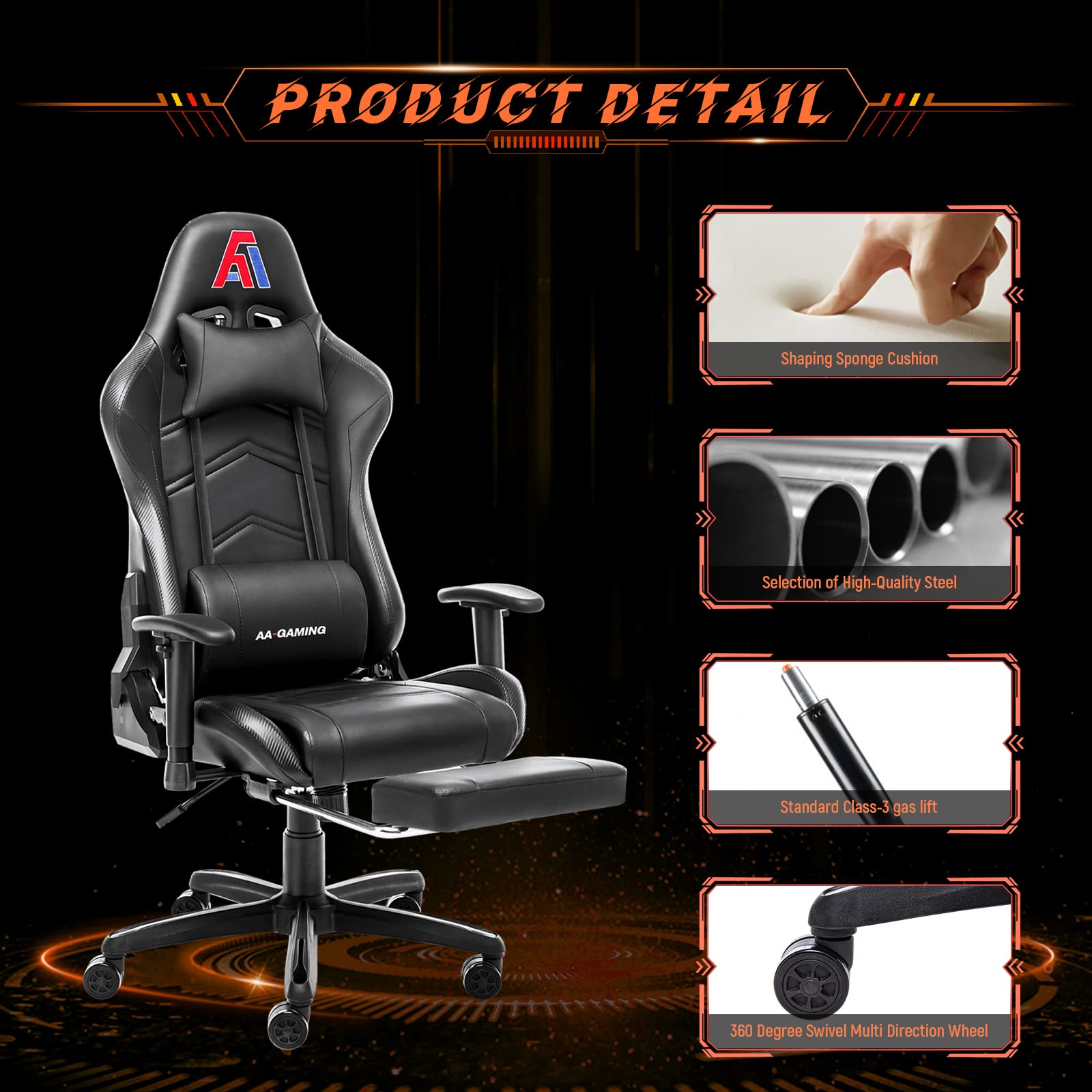 Ergonomic Gaming Chair with High Back, Lumbar Support & Footrest - Adjustable Racing Style Computer Chair for Office & Home Gaming Setup - Black - Perfect for PC Gamers, Streamers & Esports Enthusiasts