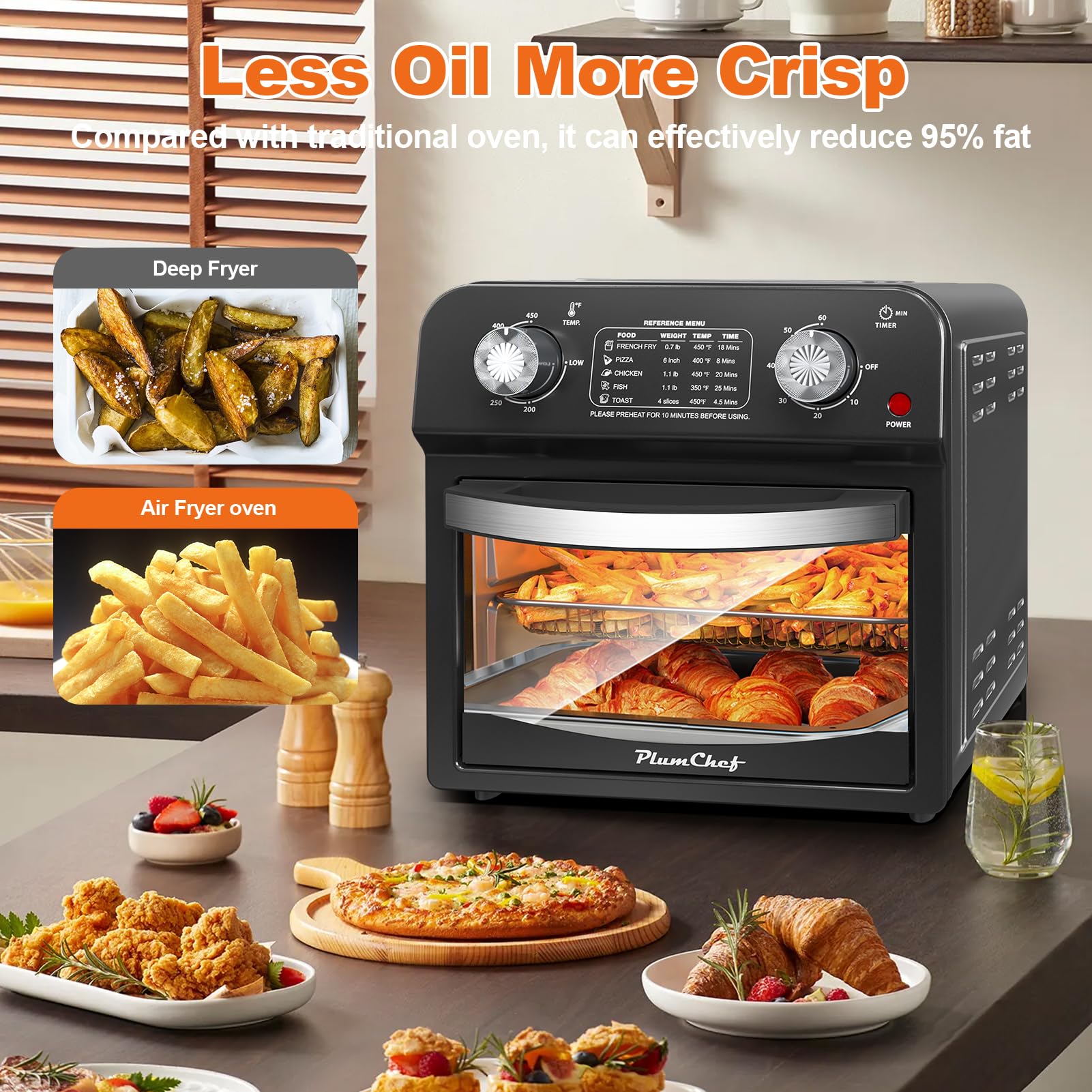 PlumChef 13 Quart 4-Slice Air Fryer Toaster Oven - 1500W 7-in-1 Multifunction Countertop Convection Oven for Roasting, Baking, Grilling, Broiling, Toasting, Dehydrating & Defrosting - Includes Recipe Guide - Perfect for Small Kitchens, Dorms & RV Cooking (Black)