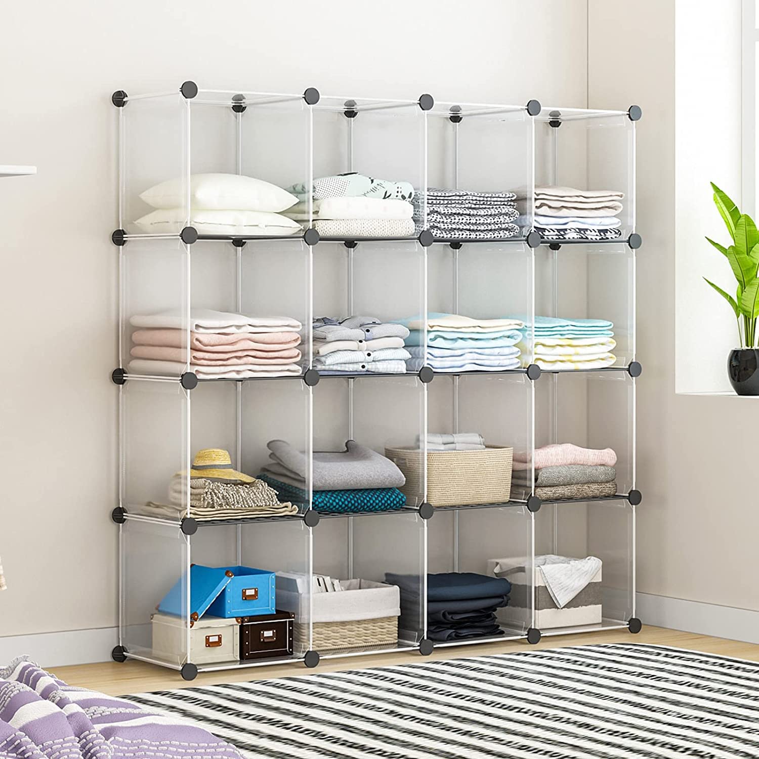 Aeitc 16-Cube Closet Organizer with Wire Panels - Portable Storage Shelves for Clothes, Books & Toys - White | Perfect for Bedroom, Nursery & Office Organization