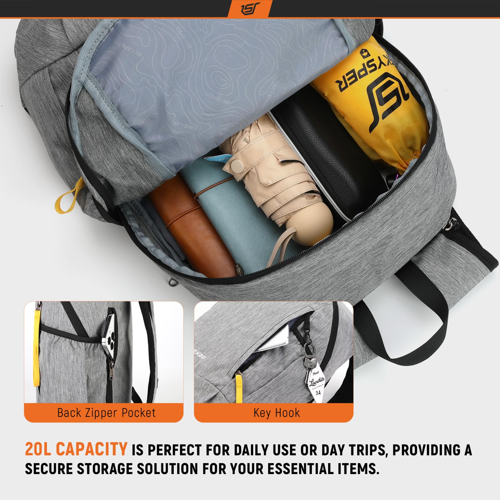 SKYSPER 20L Lightweight Hiking Backpack - Compact Travel Daypack for Women & Men, Water-Resistant Grey Outdoor Backpack for Camping, School, Work Commute