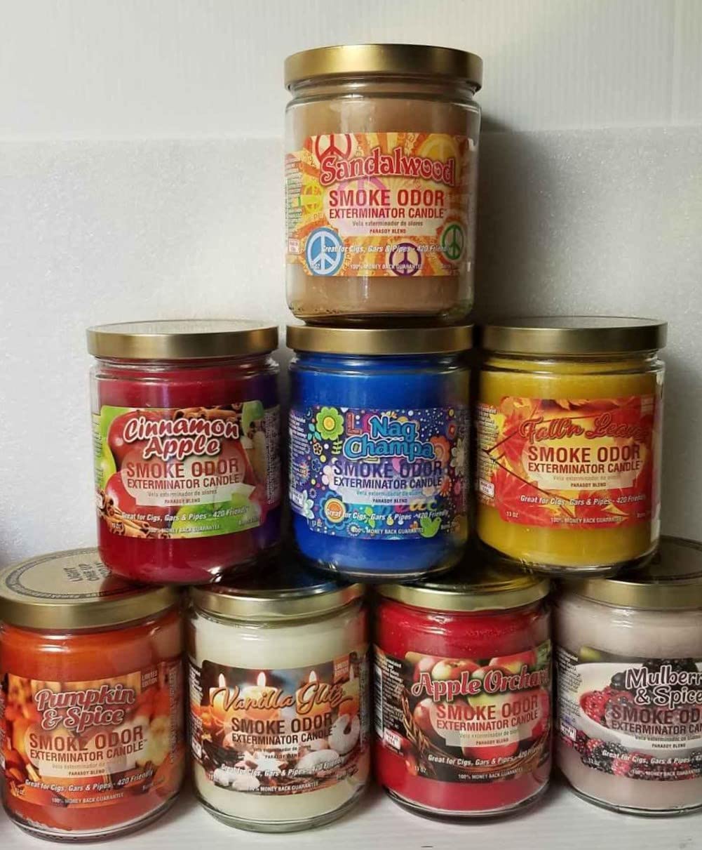 Premium Smoke Odor Eliminator Candles - 13oz Jar Set of 8 Scents (Sandalwood, Nag Champa, Pumpkin Spice, Mulberry, Vanilla, Apple, Cinnamon Apple, Fall Leaves) - Home Fragrance for Living Room, Bedroom & Office Air Freshener