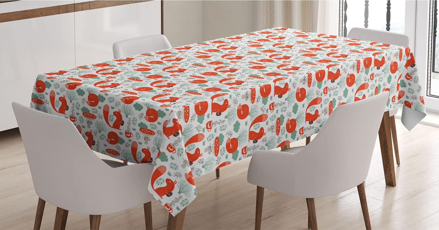 Ambesonne Bohemian Fox Tablecloth - Whimsical Animal Print Satin Table Cover for Dining Room & Kitchen, 60x90 Inches, Reseda Green & Dark Brown - Perfect for Tea Parties, Family Dinners & Boho Home Decor