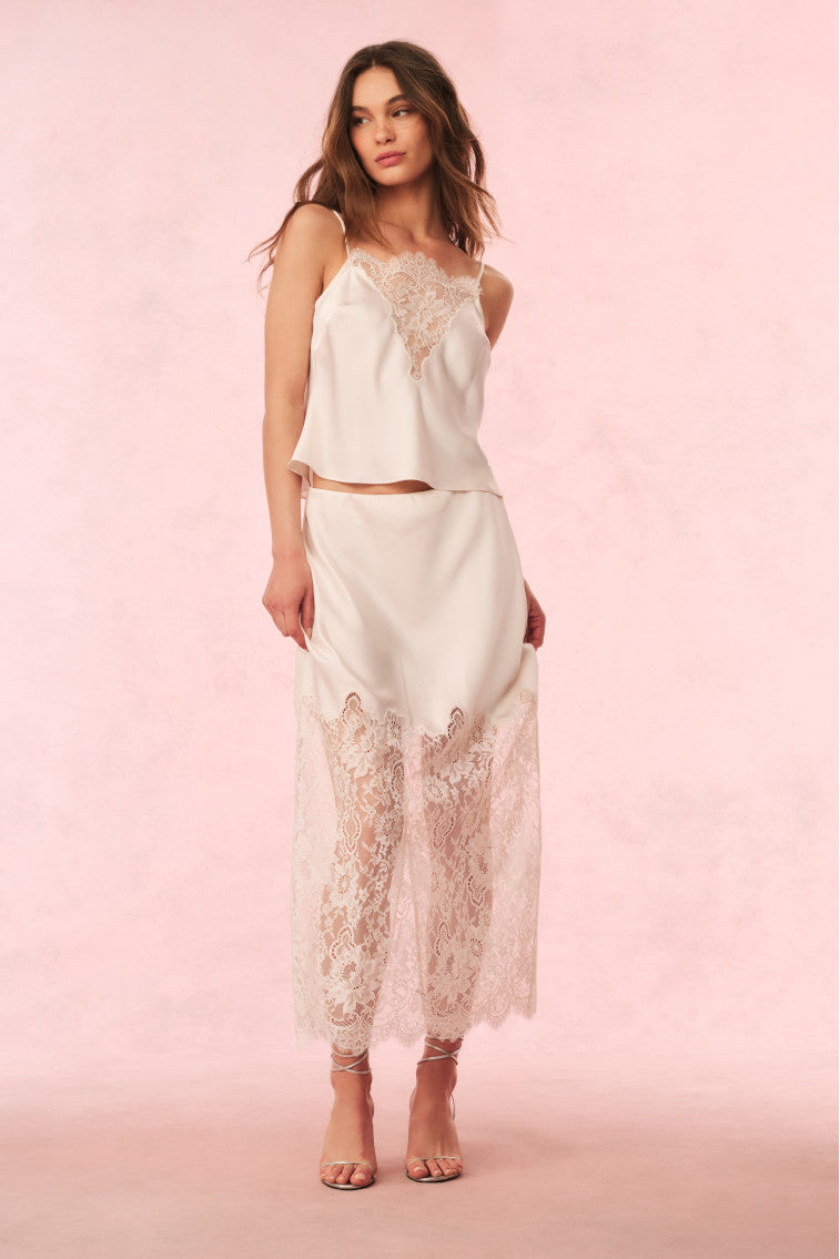 Elegant Ilene Satin Lace Maxi Skirt for Women - Flowy Long Evening Dress with High Waist - Perfect for Weddings, Parties & Special Occasions