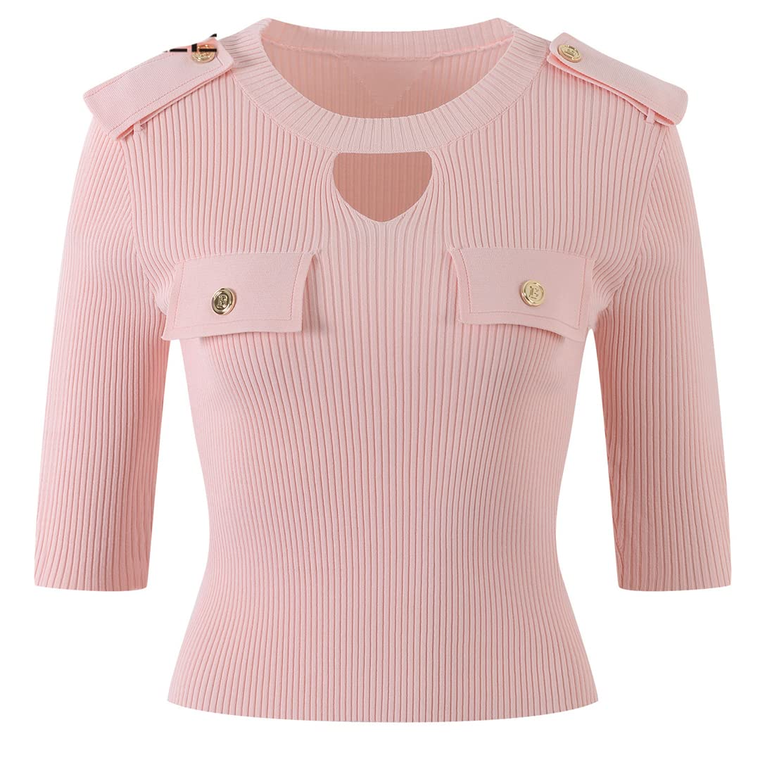 Women's Casual Knit Pullover Sweater with Gold Buttons - Summer Orange O-Neck Top for Everyday Wear, Office & Weekend Outings