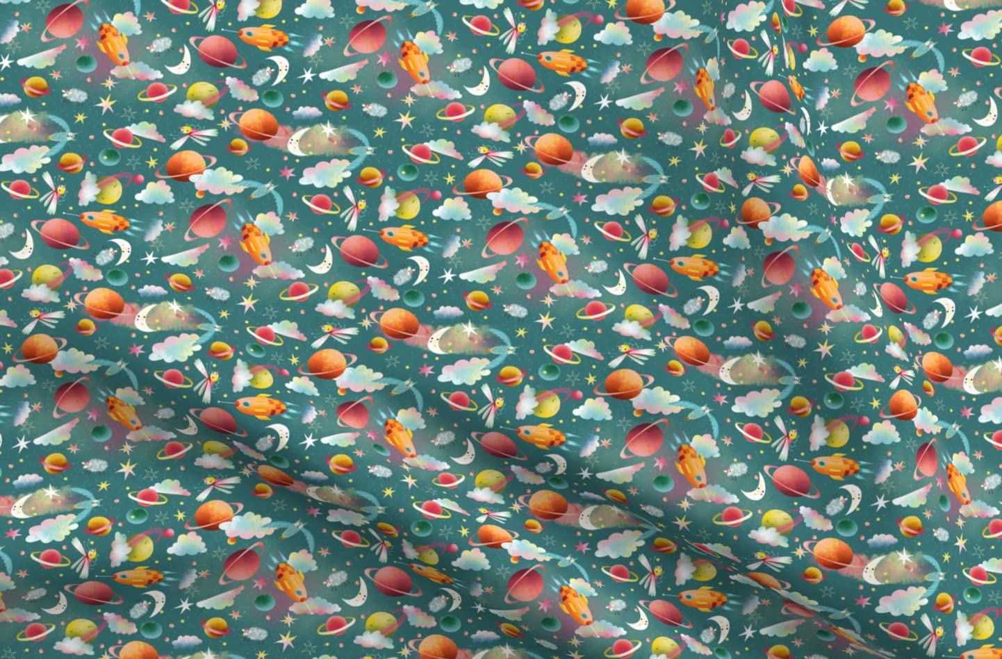 Planets Dream Space Flying Stars Moon Astronomy Printed Fabric - Petal Signature Cotton Fat Quarter for Sewing, Quilting, Apparel & Crafts | Perfect for DIY Home Decor, Space-Themed Bedding & Unique Gift Ideas