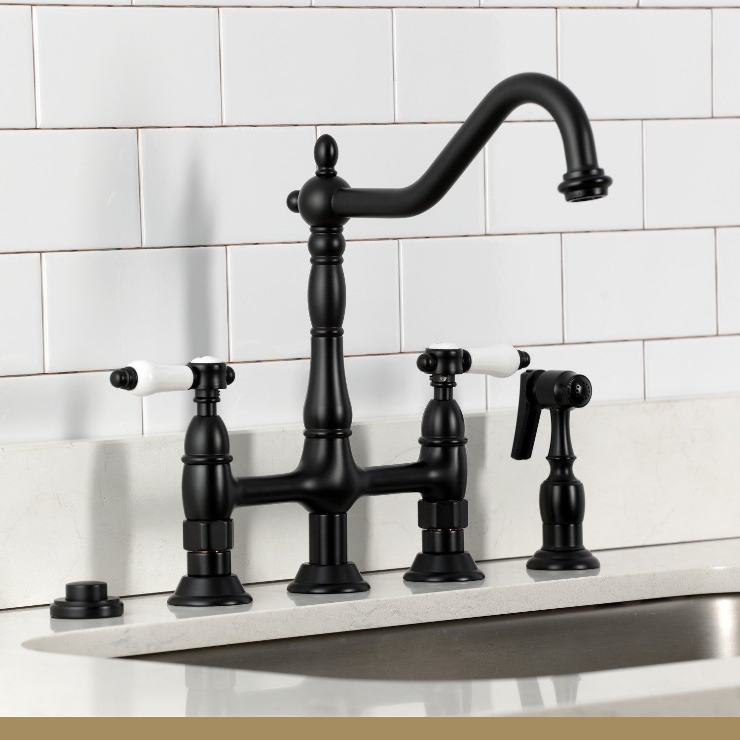 Bel Air KS1270BPLBS Matte Black Bridge Kitchen Faucet with Brass Side Sprayer - Perfect for Modern Farmhouse & Industrial Style Kitchens