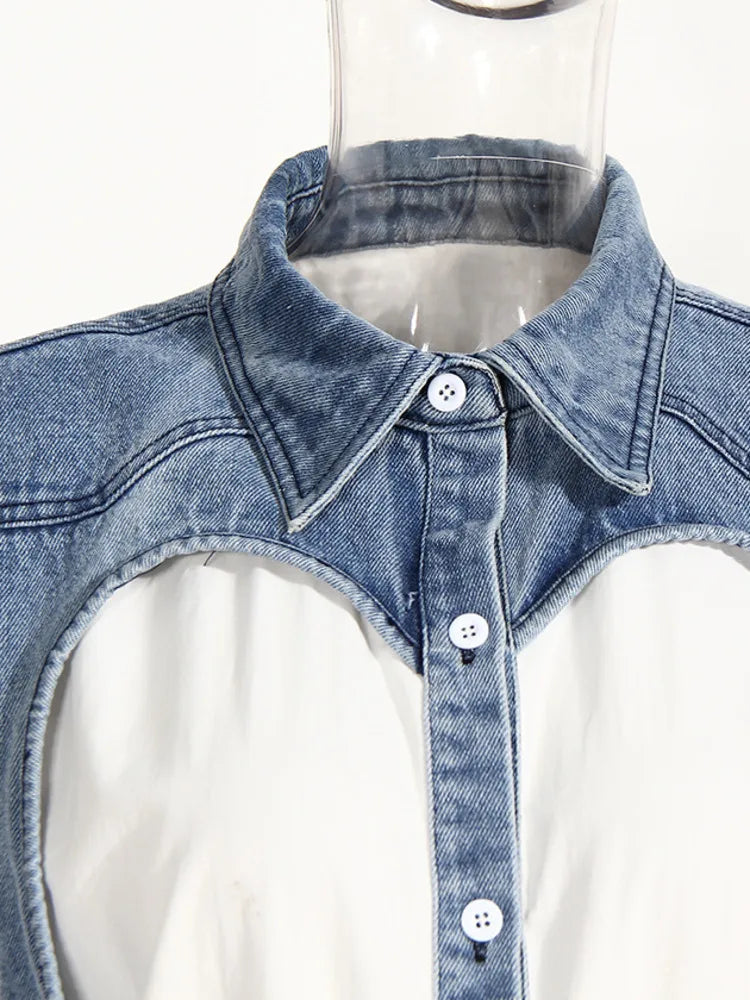 DEAT Fashion Women's Denim Shirt - Lapel Loose Fit Hollow Out Design Single Breasted Blouse with Denim Splice Fake Two Piece Look | Summer Casual Wear for Outings, Work & Date Nights
