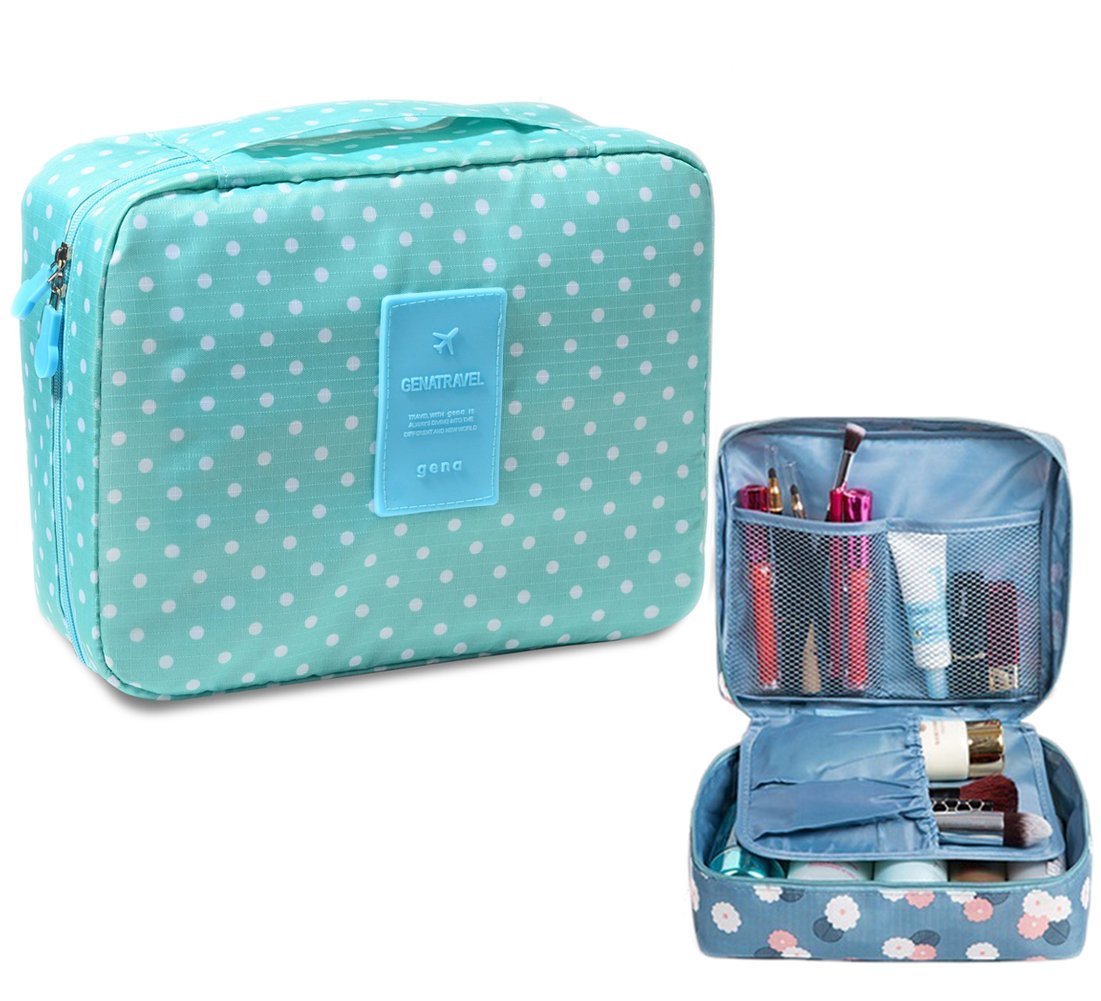 iSuperb Large Capacity Waterproof Makeup Bag for Women - Multi-Functional Travel Cosmetic Organizer with Green Dots Pattern, Perfect for Toiletries, Cosmetics & Travel Essentials (Ideal for Vacation, Gym, Business Trips)