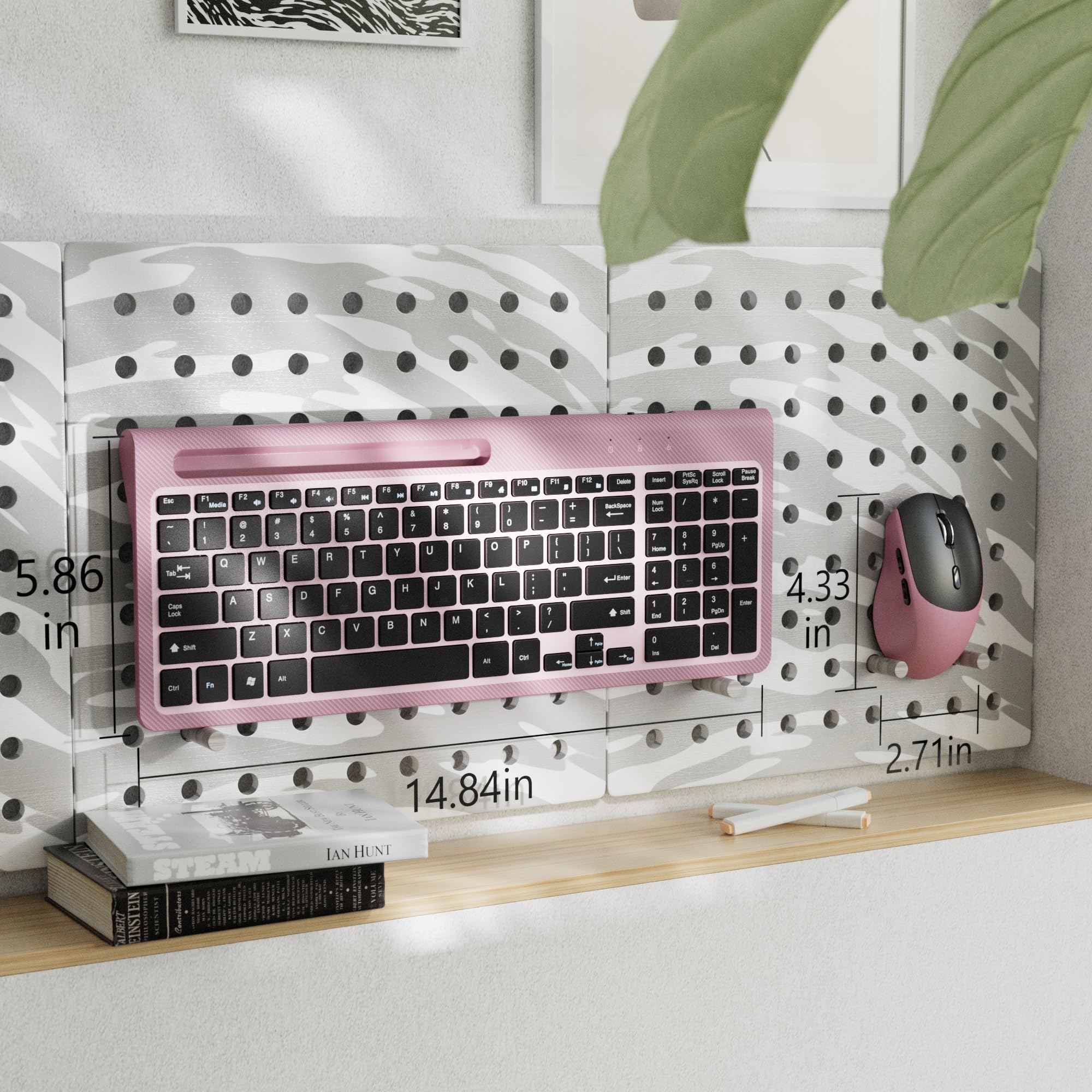 Ergonomic Wireless Keyboard and Mouse Combo with Phone Holder - 2.4GHz Cordless Keyboard Mouse for Mac, Windows, PC & Laptop (Pink) - Perfect for Home Office, Gaming & Remote Work