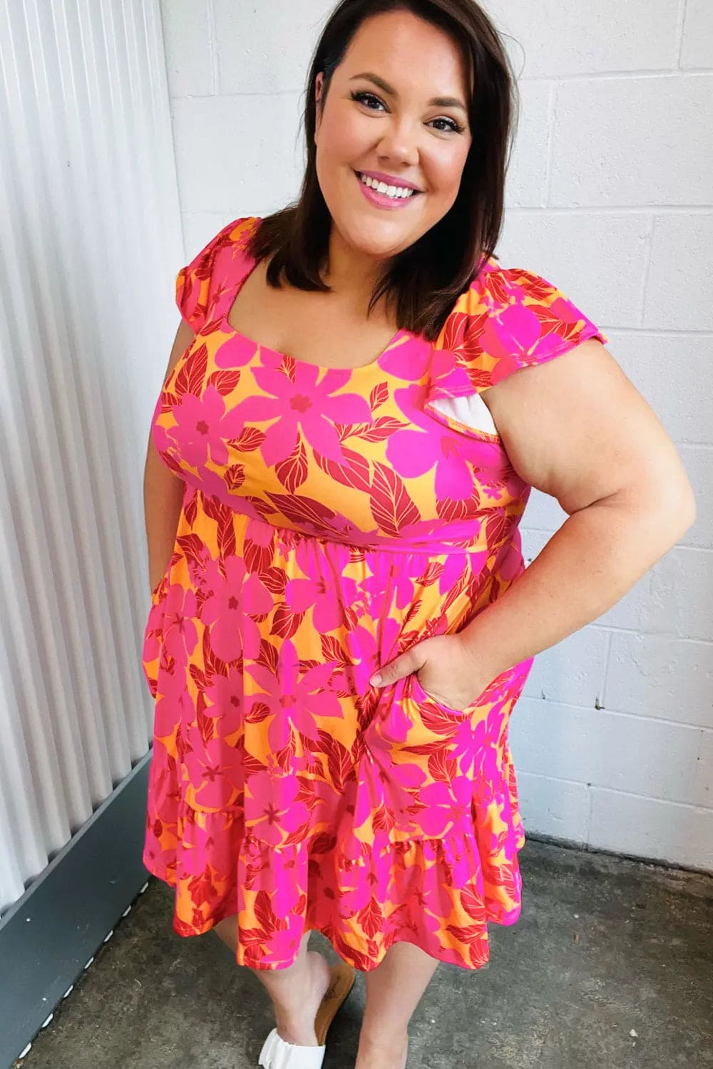 Fuchsia & Orange Tropical Floral Square Neck Summer Dress for Women - Beach Vacation, Party & Casual Outfit
