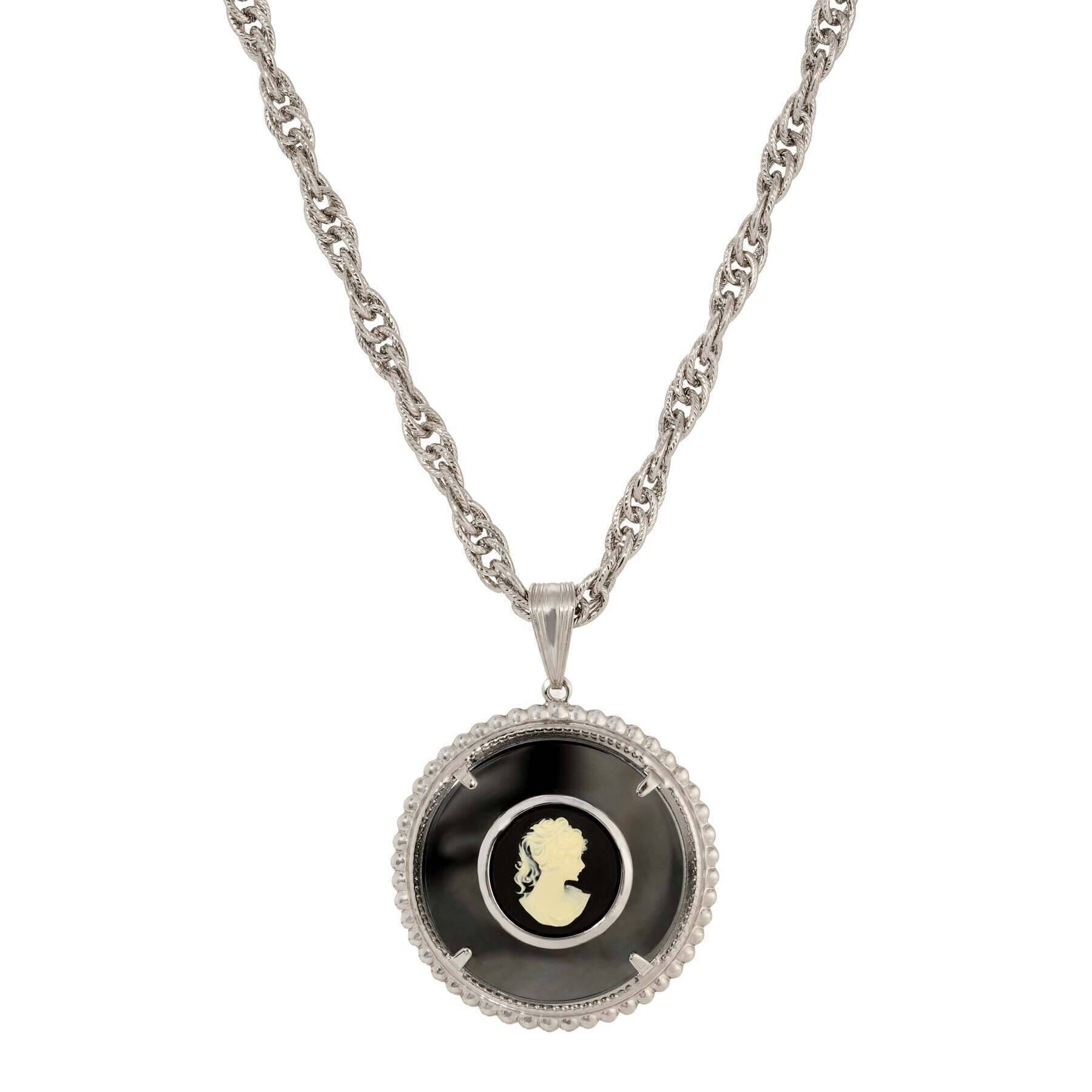 1928 Vintage Hematite Gemstone Cameo Pendant Necklace - 18