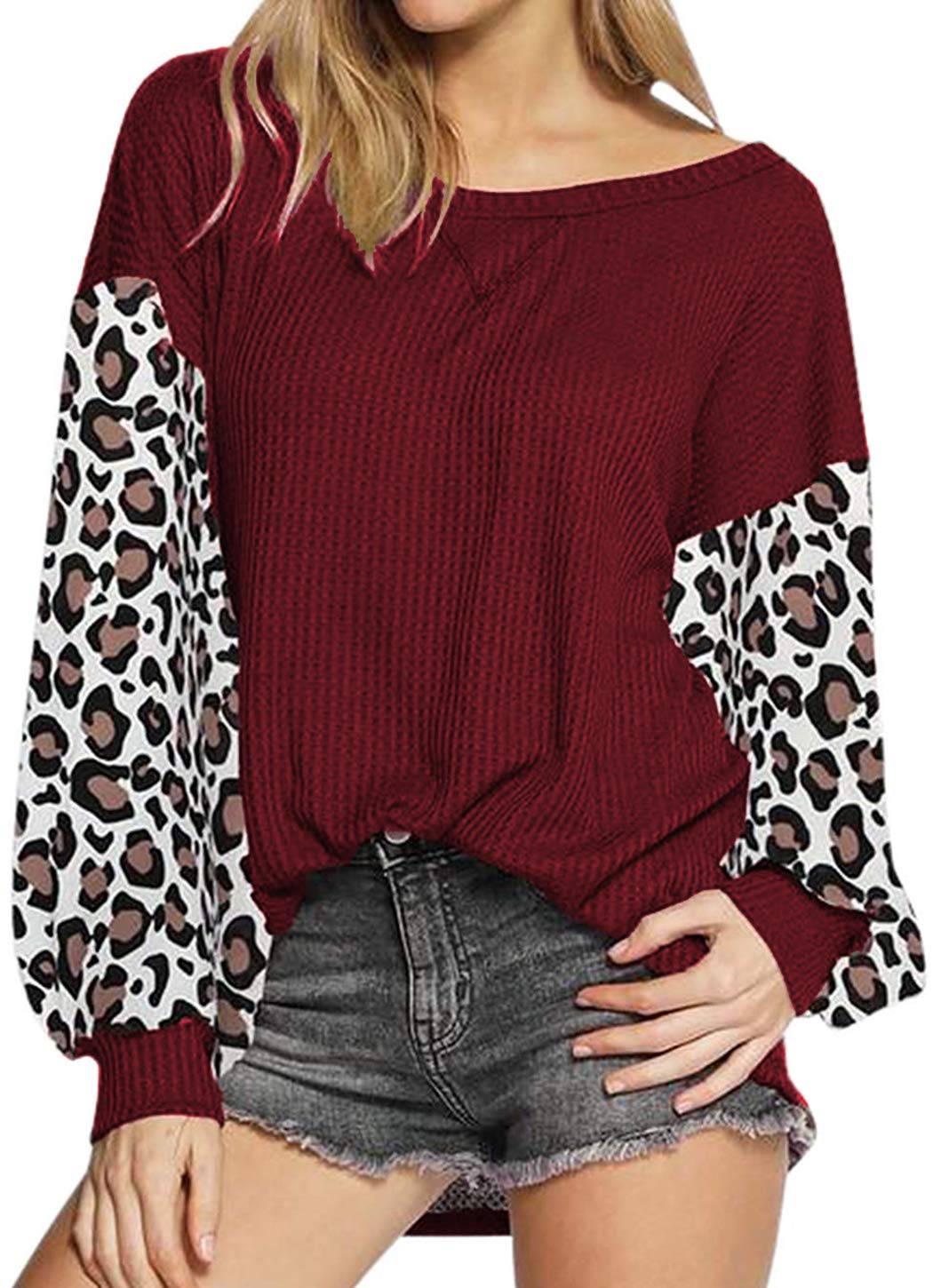 Women's Leopard Print Waffle Knit Long Sleeve Pullover Sweater - Casual Loose Fit Tops for Fall & Winter - Perfect for Office, Date Night and Weekend Outings