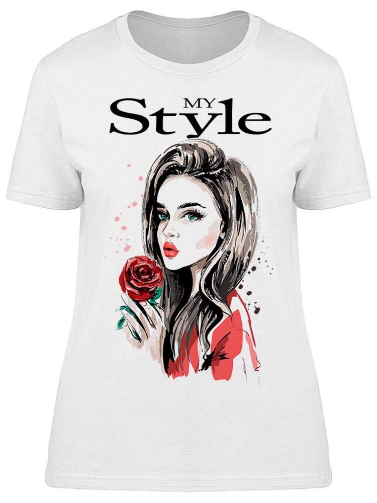 Smartprints Women's My Style Lady with A Rose Graphic Tee - Casual Fashion T-Shirt for Everyday Wear, Outfits & Street Style