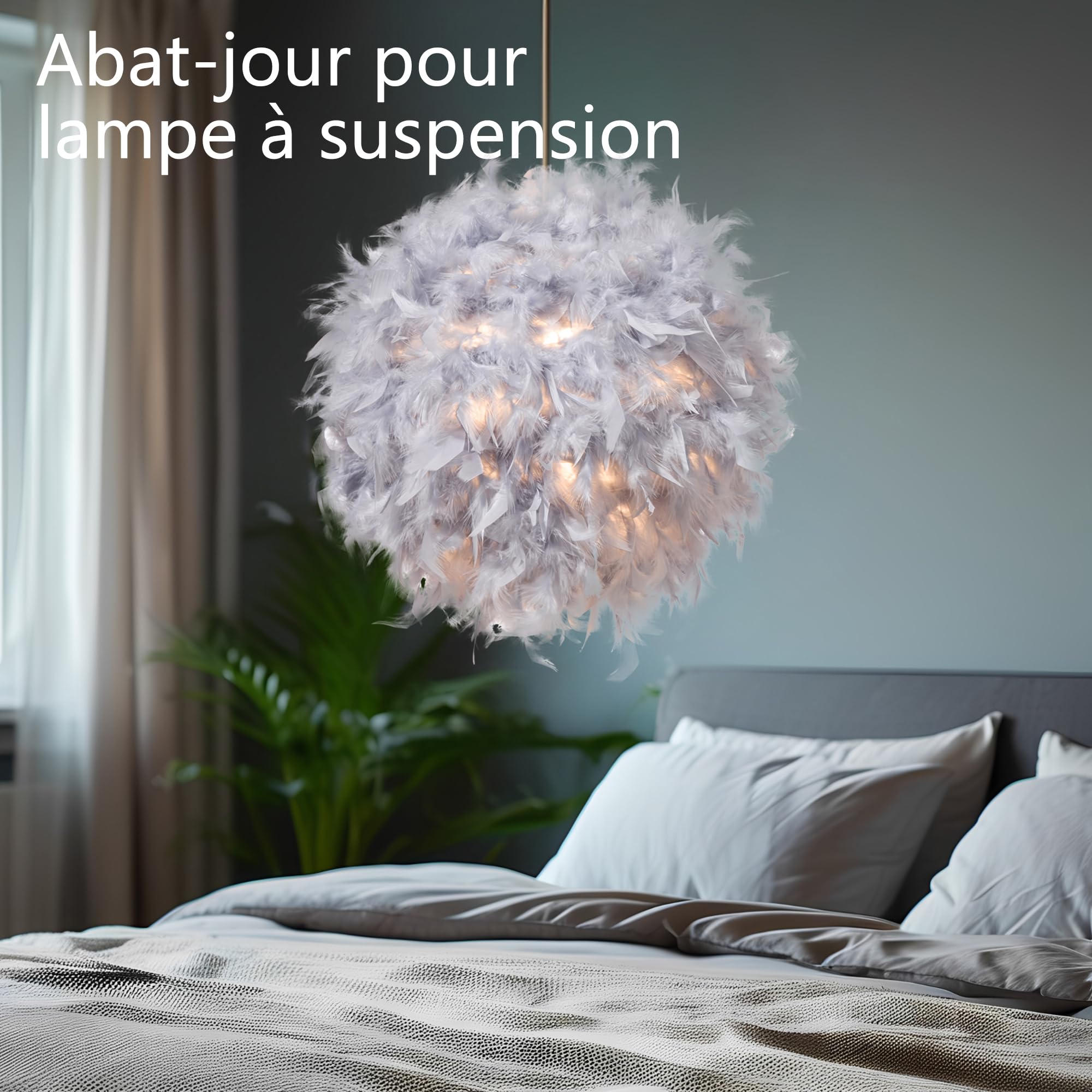 Waneway 19.7 Inch Grey Feather Lamp Shade - Ceiling Pendant Light Cover, Table & Floor Lamp Shade for Living Room, Bedroom, Wedding & Party Decor - Soft Lighting for Cozy Home Ambiance & Romantic Events