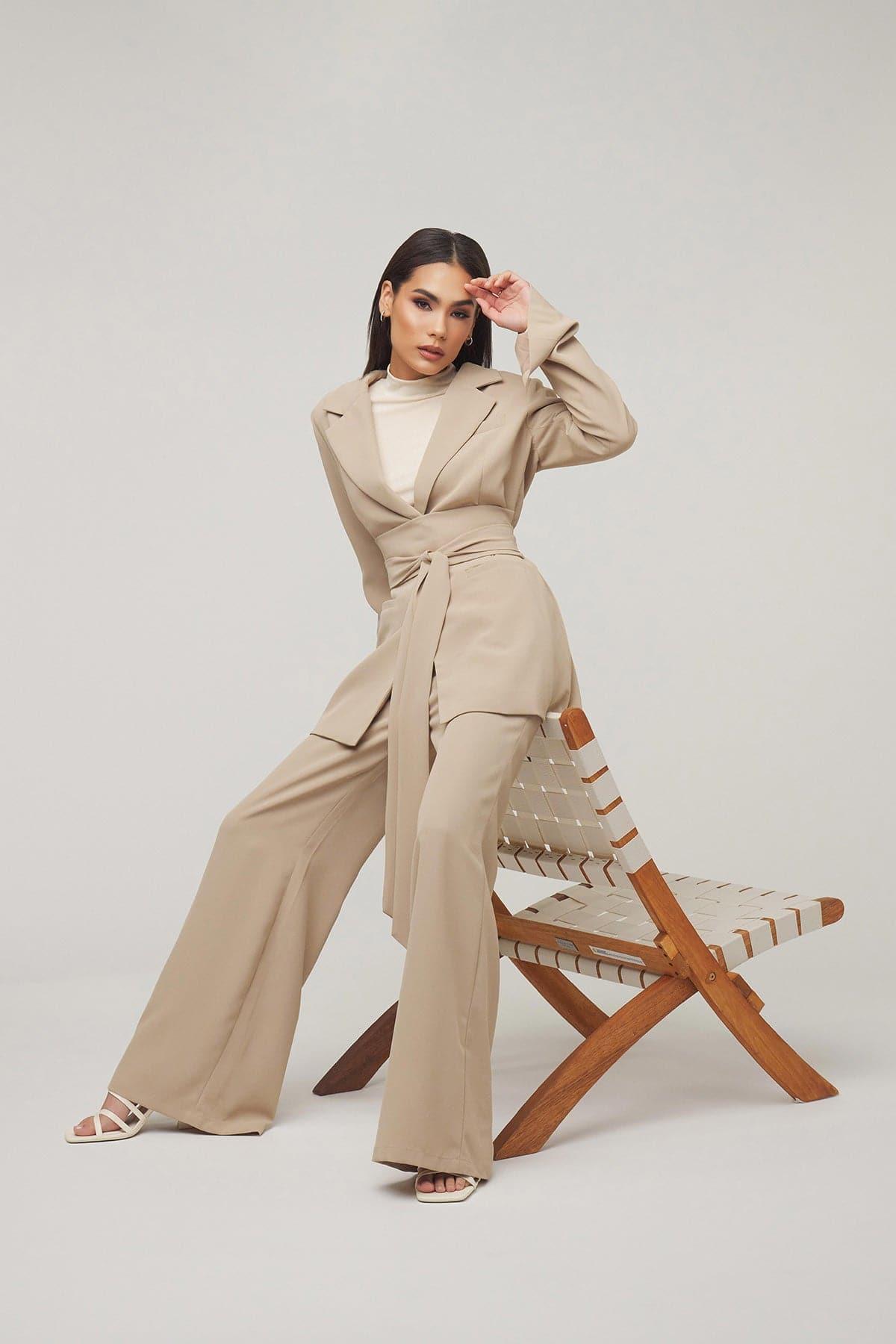 Carolina Tie Waist Blazer in Taupe - Women's Fashion Blazer for Office, Business & Formal Events