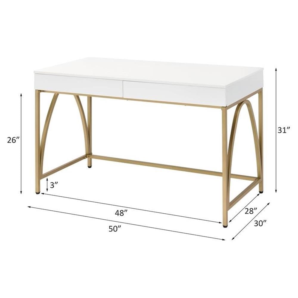 UrbanPro Contemporary White High Gloss & Gold Wood Writing Desk - Modern Home Office Furniture for Small Spaces, Study & Work from Home