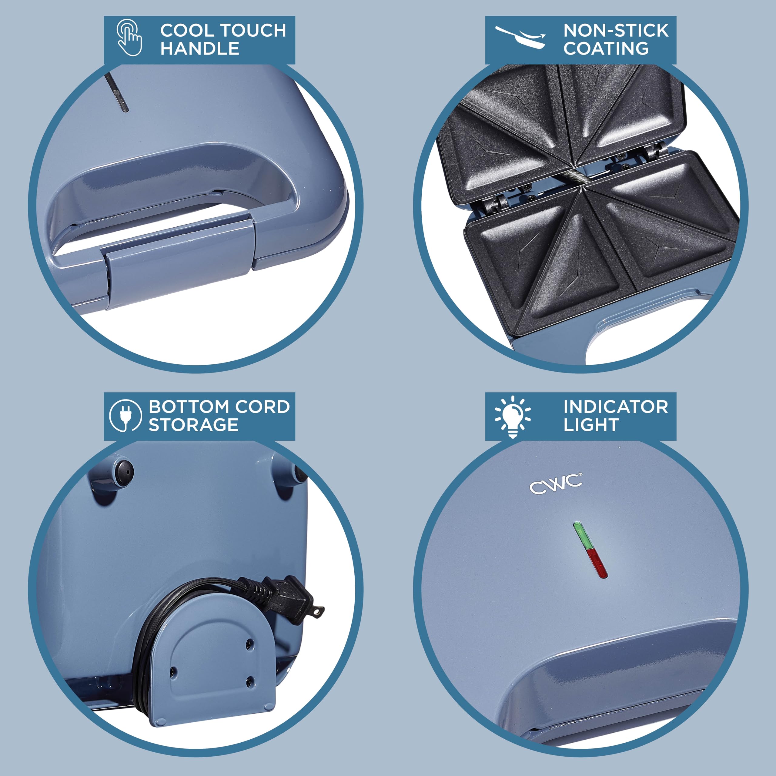750W Non-Stick Sandwich Maker with Cool Touch & Skid-Resistant Feet - Easy to Clean Electric Panini Press for Breakfast, Lunch & Snacks - Perfect for Homes, Dorms & Offices (Navy Blue)