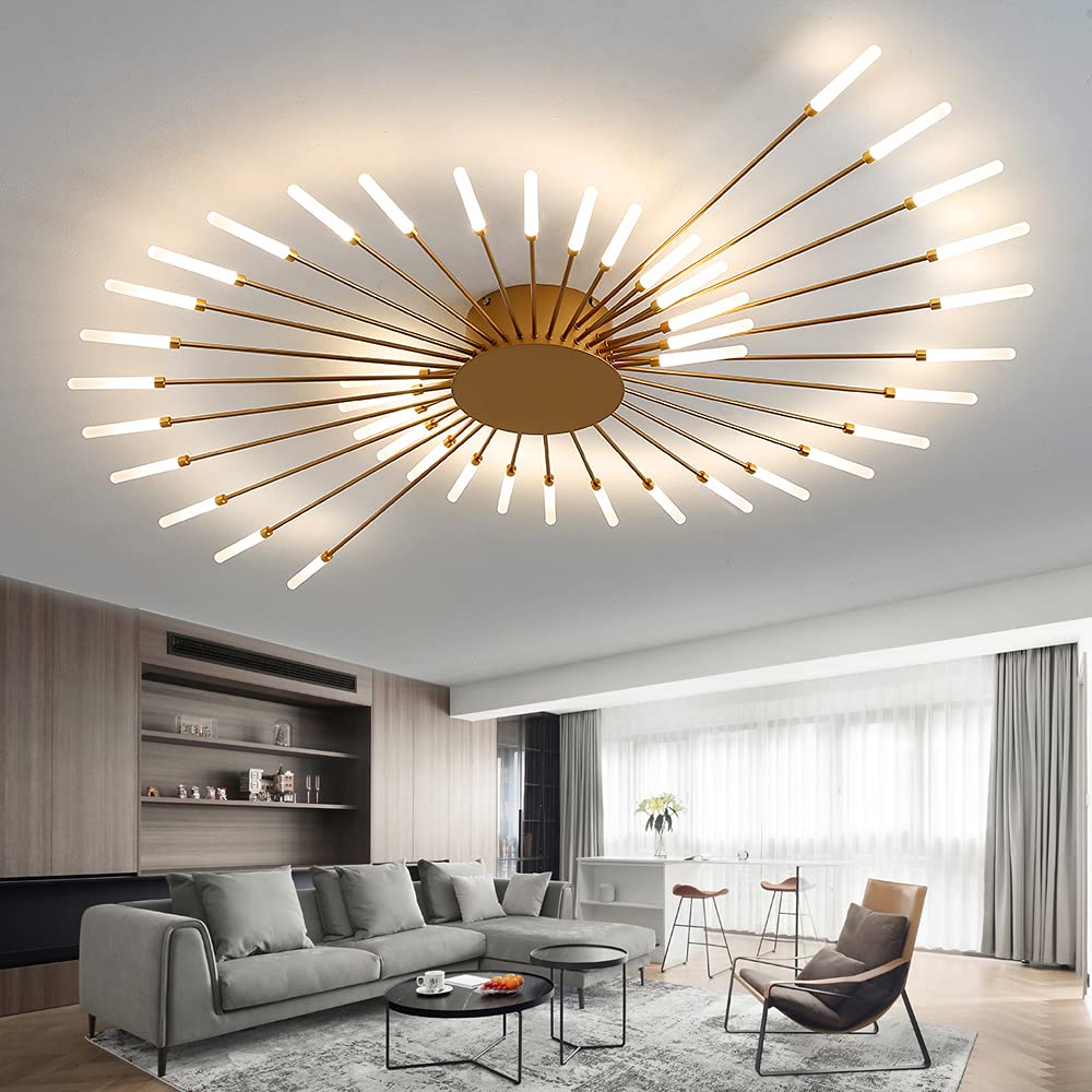 Modern Flower Shape Ceiling Light - Flush Mount LED Lighting Fixture for Living Room & Dining Room - Metal Acrylic Sputnik Firework Petal Design (Matte Gold, 42 Lights) - Perfect for Home Decor, Bedroom Lighting, and Office Spaces