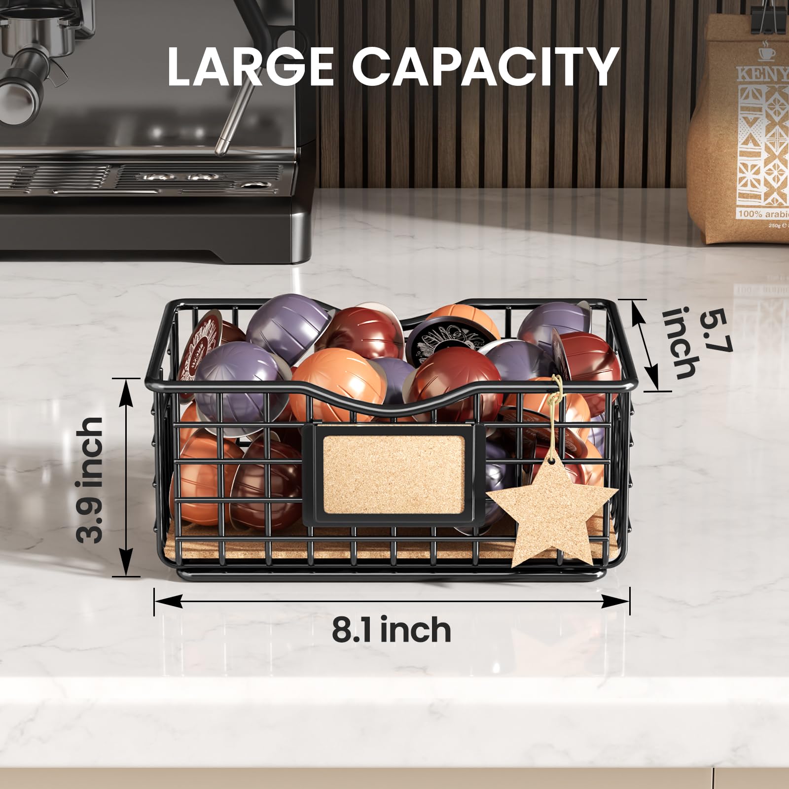 Premium Coffee Pod Holder for Keurig & Nespresso - Large Capacity Black Wire Storage Organizer with Cork Liner - Perfect for Coffee Bars, Kitchen Countertops & Office Break Rooms
