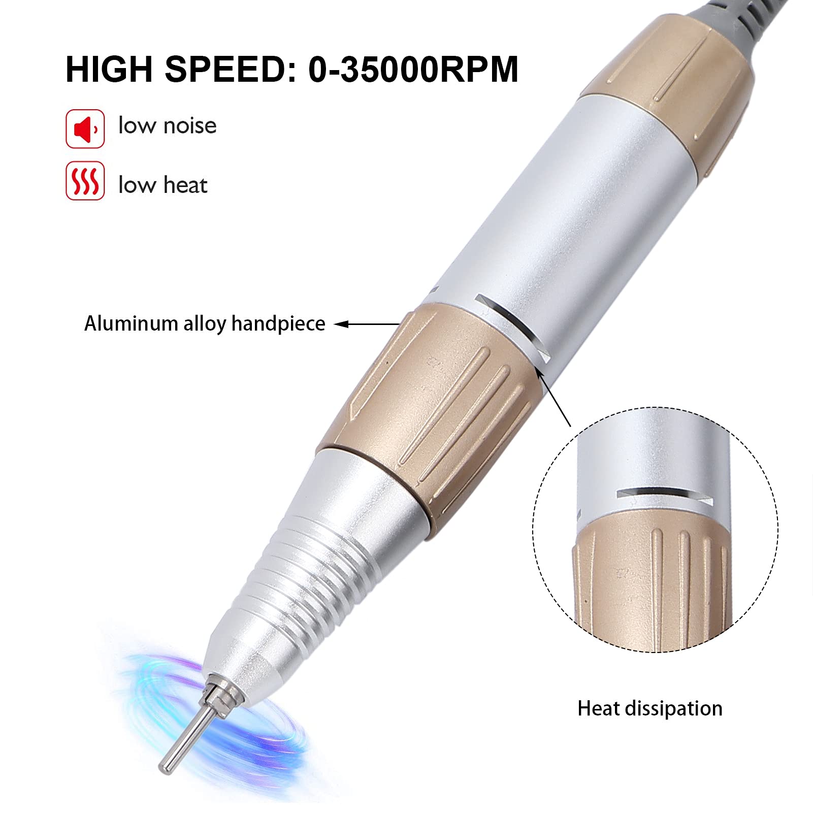 Professional Electric Nail Drill Machine - 35000 RPM Portable Nail Drill Handpiece with Low Noise | Replacement Nail Polisher Grinder for Salon & Home Manicure/Pedicure | Perfect for Nail Art, Acrylics & Gel Extensions