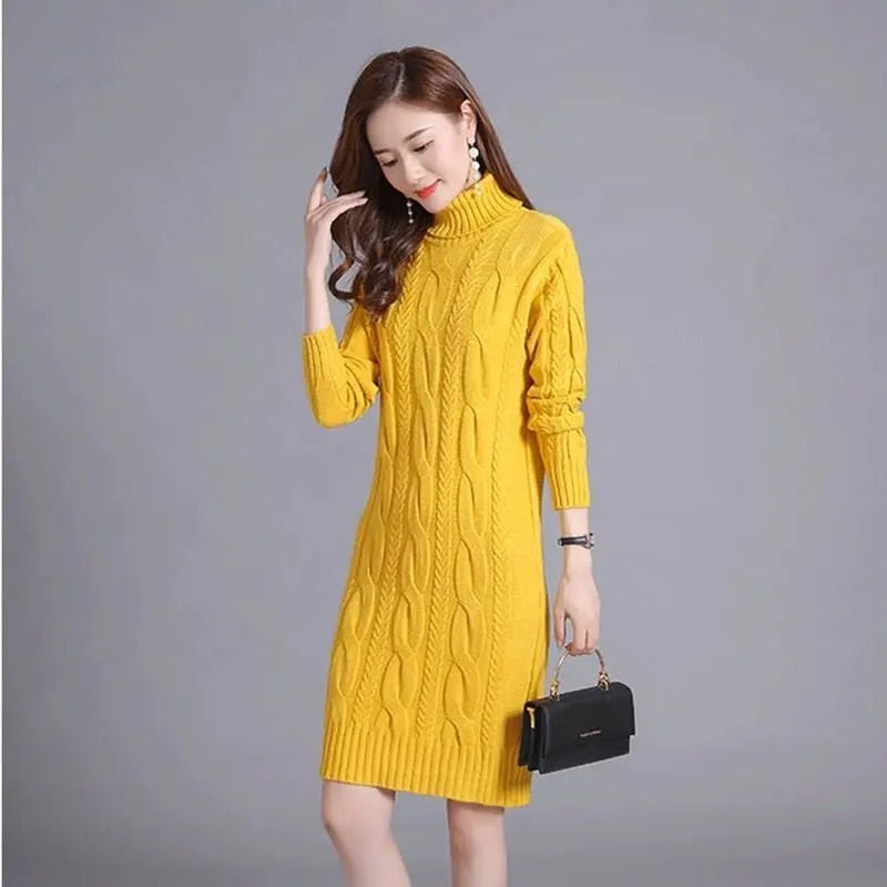 Women's Solid Color Turtleneck Knit Sweater Dress - Warm Winter Pullover Dress for Casual Outings & Office Wear