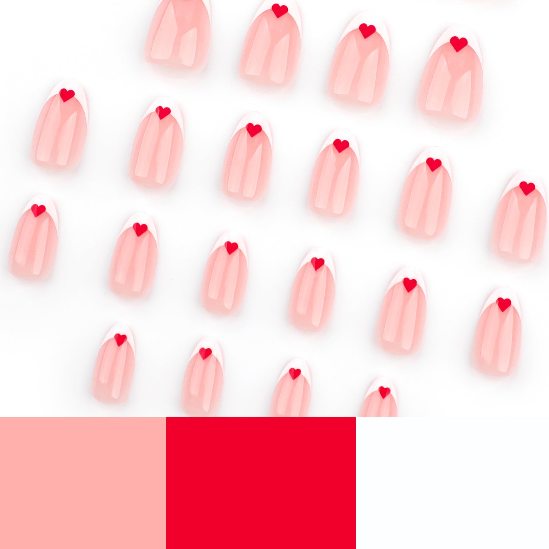 Valentine's Day Pink Press on Nails Short Almond Fake Nails with Heart Design & White French Tips - 24Pcs Glossy False Nails for Women - Perfect for Valentine's Dates, Parties & Special Occasions