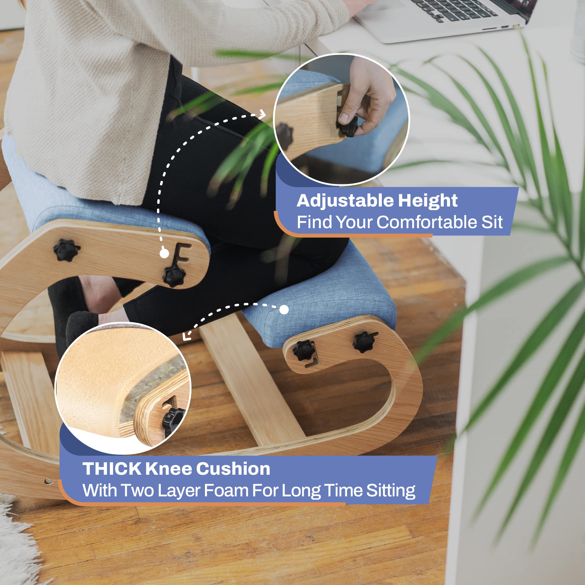 Ergonomic Kneeling Chair for Office - Adjustable Rocking Stool with Wooden Frame - Posture Support & Back Pain Relief - Perfect for Home Office, Study, and Meditation