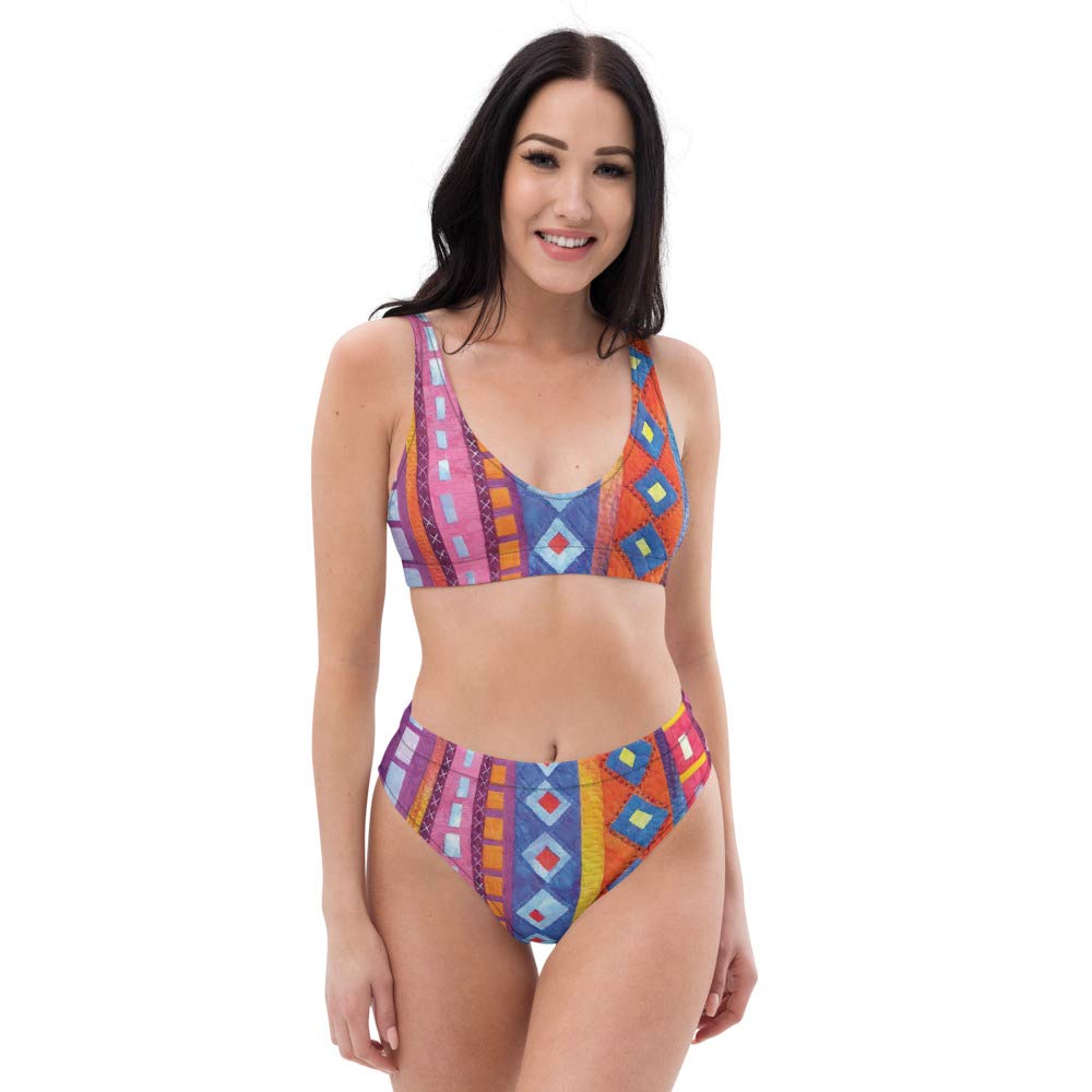 Eco-Friendly High Waisted Bikini Set for Women - Rainbow Geometric Striped Swimwear | Perfect for Beach Vacations, Pool Parties & Summer Getaways