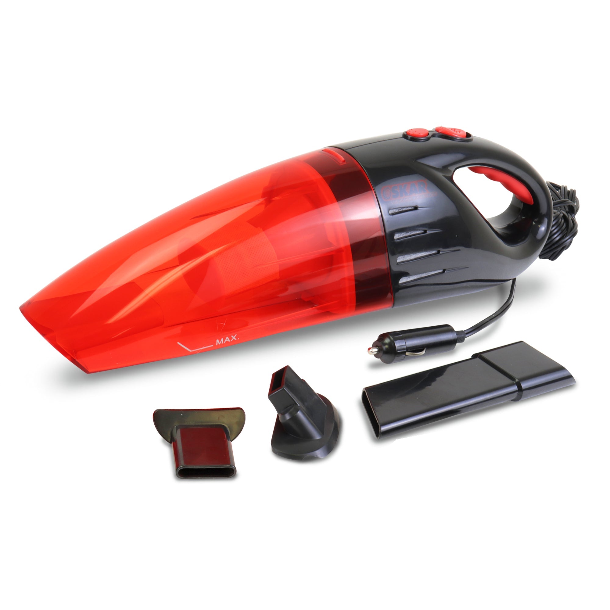 Oskar 12V Handheld Vacuum Cleaner with 3 Nozzles - Red/Black Portable Wet Dry Car Vacuum for Cars, Trucks, Vans & SUVs | 11.5ft Cord | Ideal for Vehicle Interior Detailing & Quick Home Cleanups